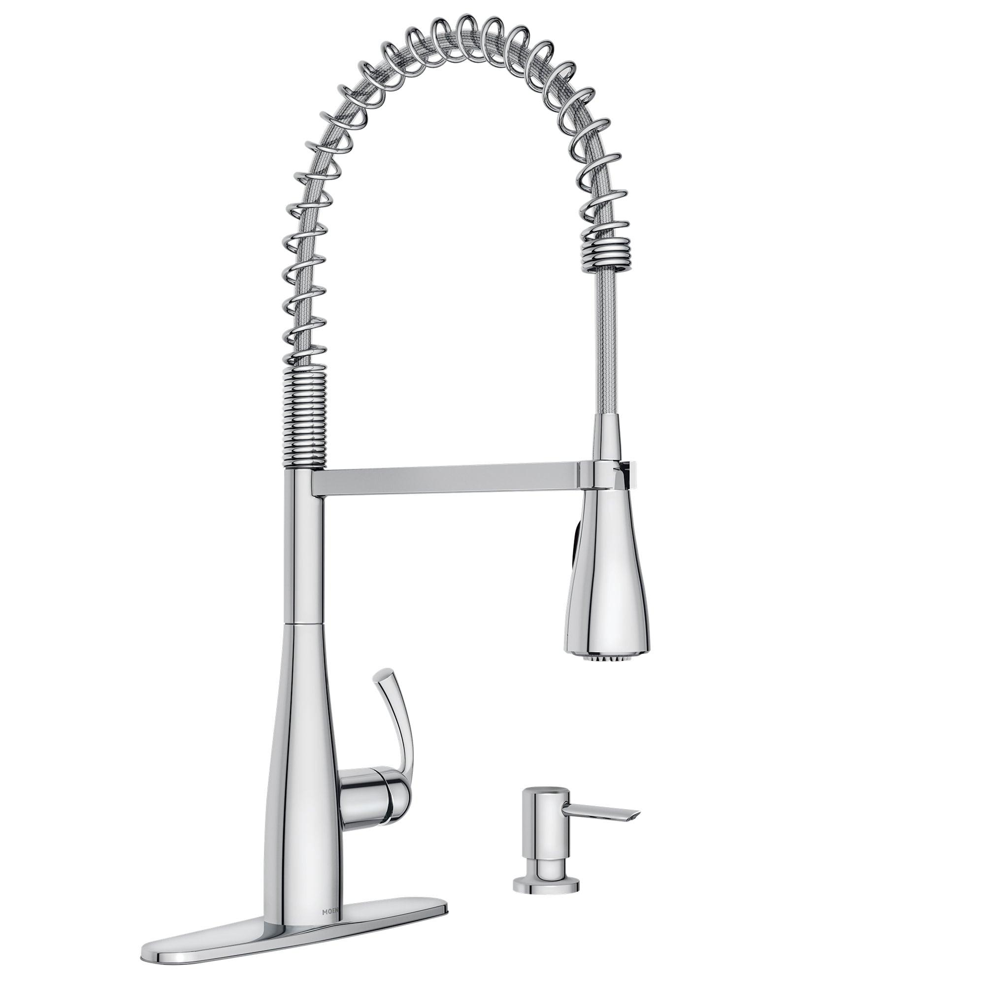 Moen Essie Pre-Rinse Spring Pull Down Single Handle Kitchen Faucet with Power Clean Technology and Soap Dispenser