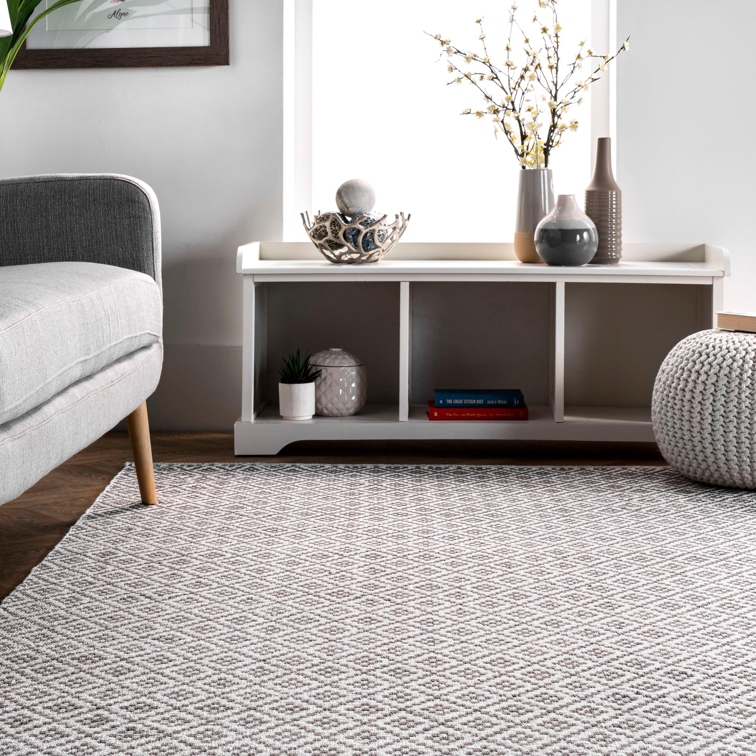 nuLOOM 5'x8' Cotton Hand Loomed Diamonds Cotton Trellis Area Rug Gray: Modern Low Pile Handmade Rectangle Rug