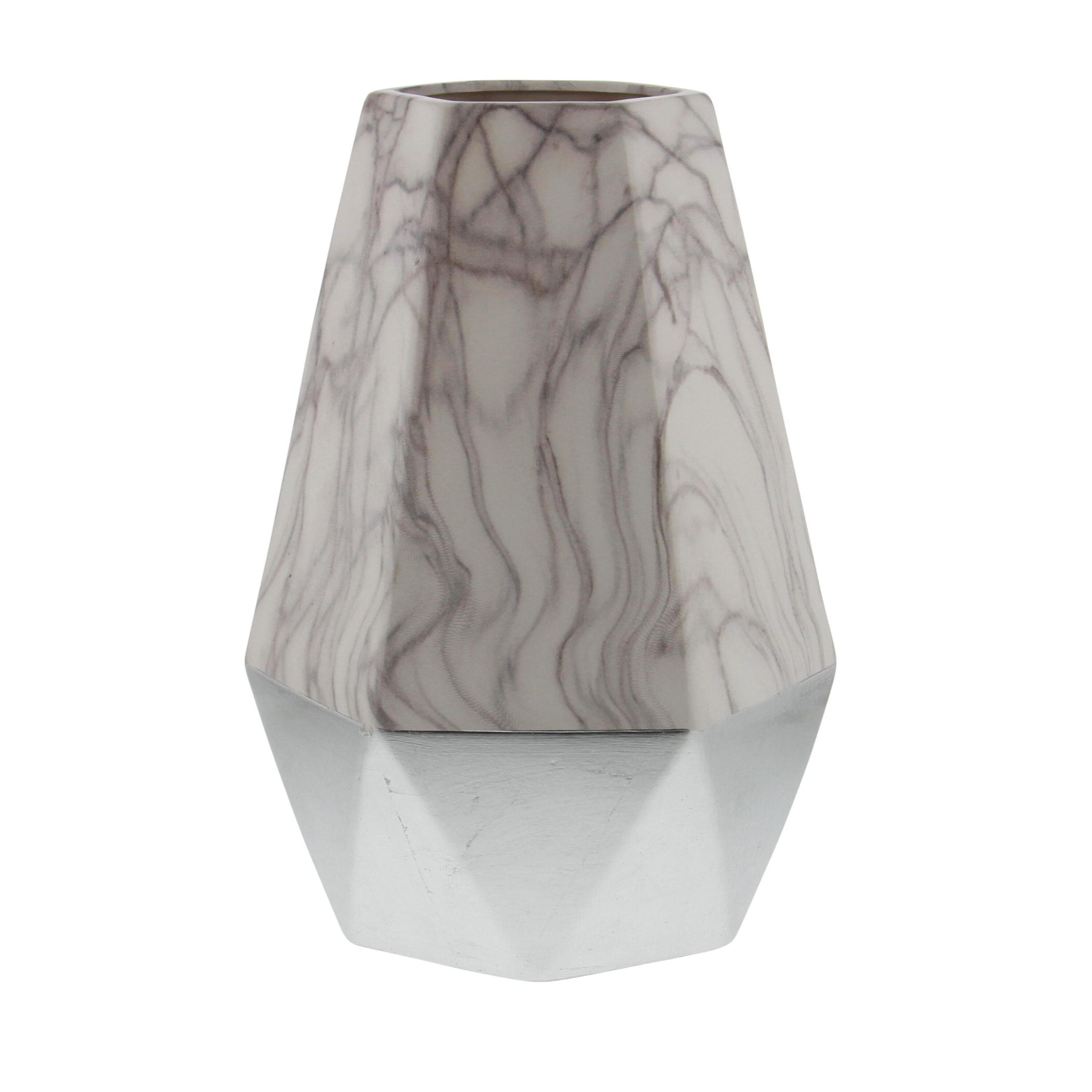 Leyt Ceramic Faux Marble Decorative Gray Vase with Silver Base