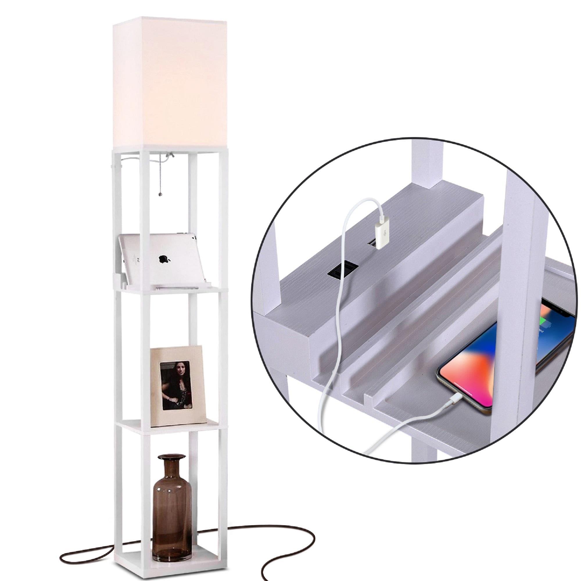 Brightech Maxwell 63 in. 3-Shelf USB-Charging LED Floor Lamp with Fabric Square Shade