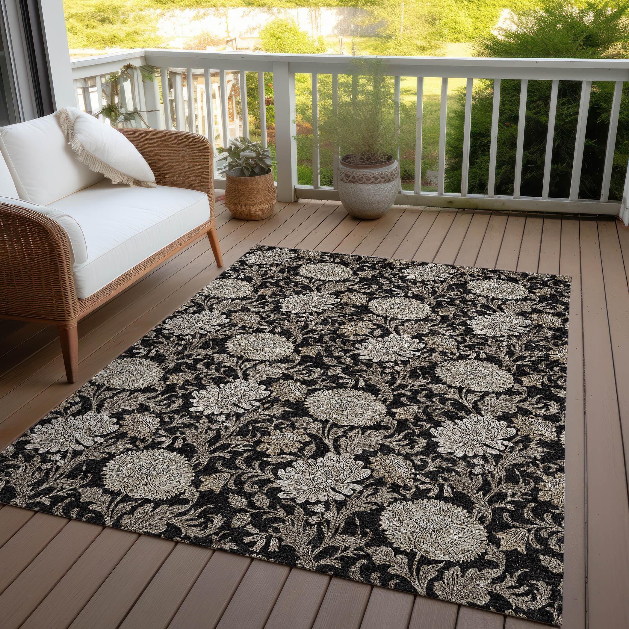 Addison Rugs Chantille Indoor/Outdoor Transitional Floral Black Washable Rectangle Rug, 5' x 7'6"
