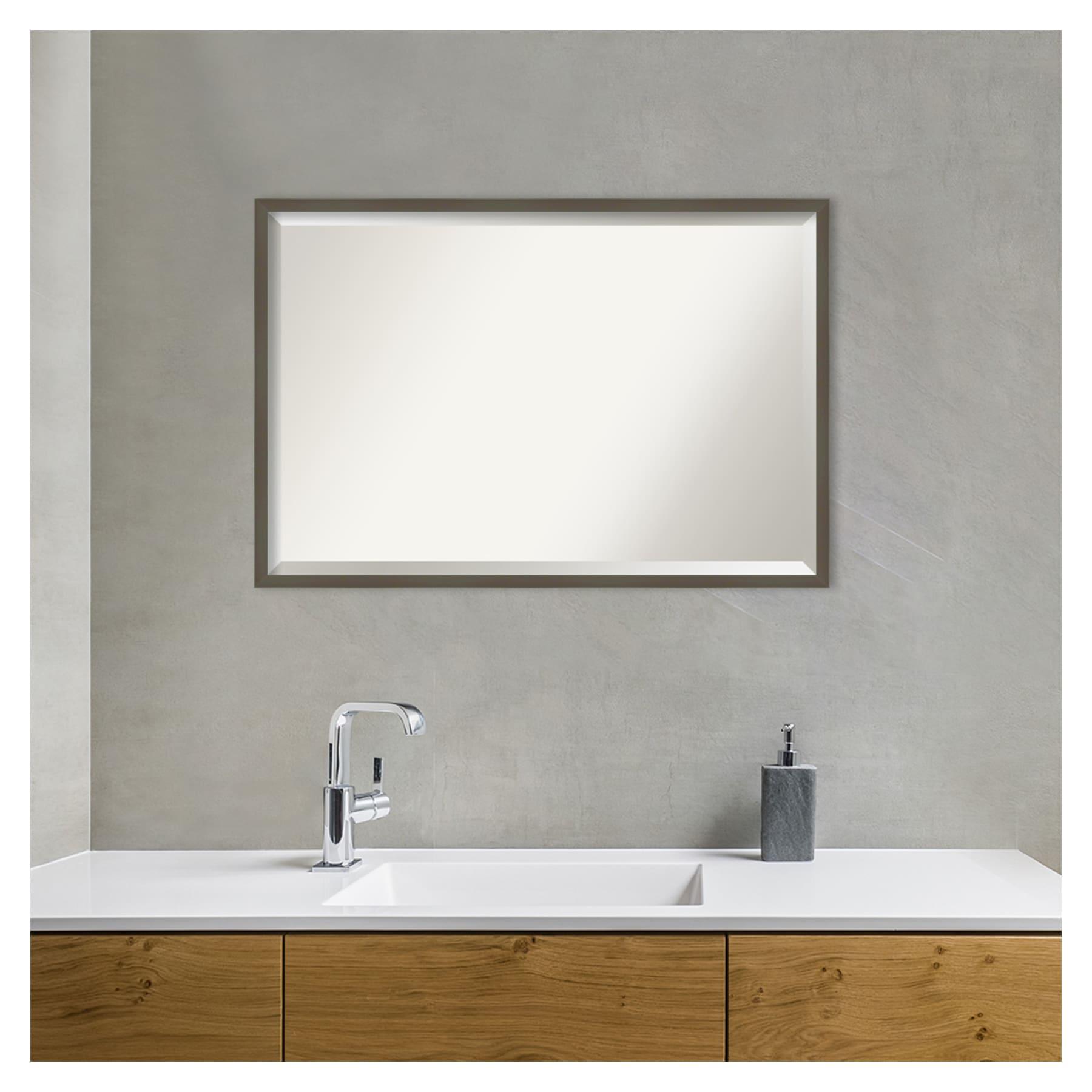 Amanti Art Beveled Wood Bathroom Wall Mirror - Svelte Frame Svelte Clay Grey Outer Size: 37 x 25 in Grey