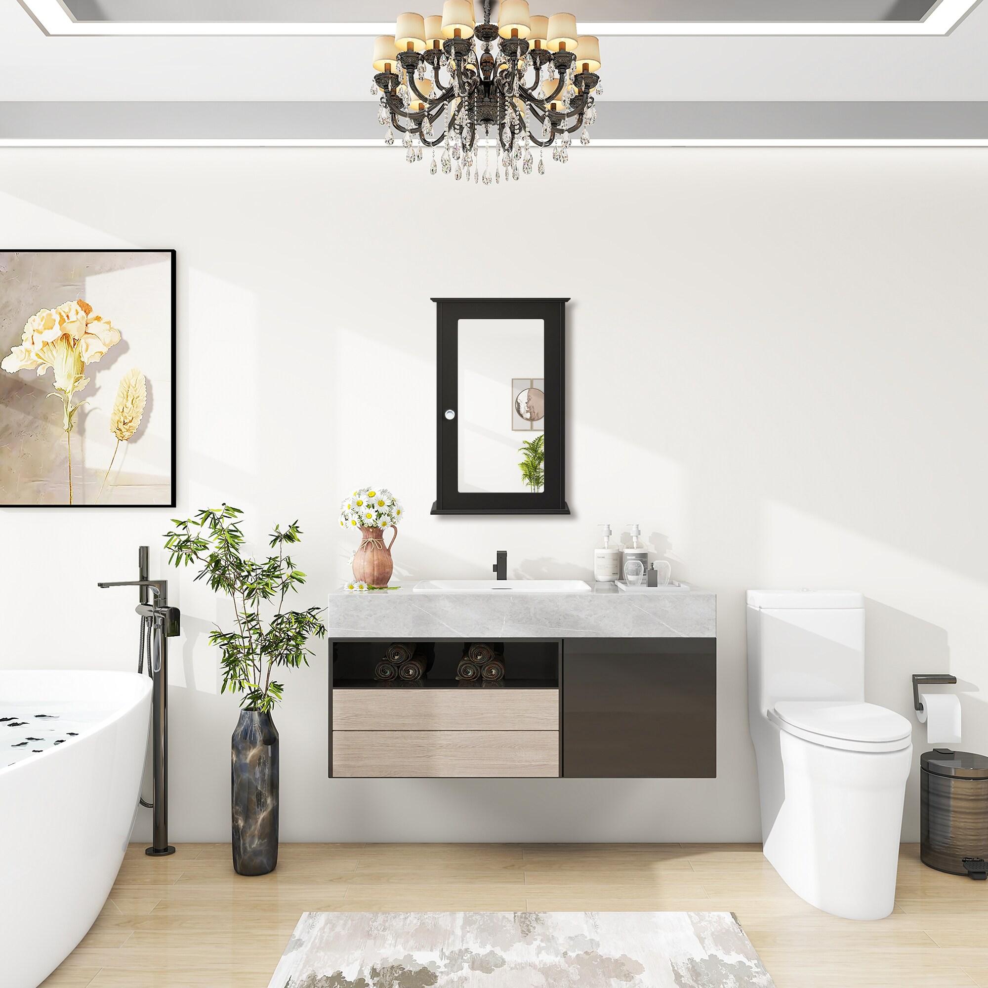 Costway Bathroom Wall Cabinet Single Mirror Door Cupboard Storage Wood Shelf Brown