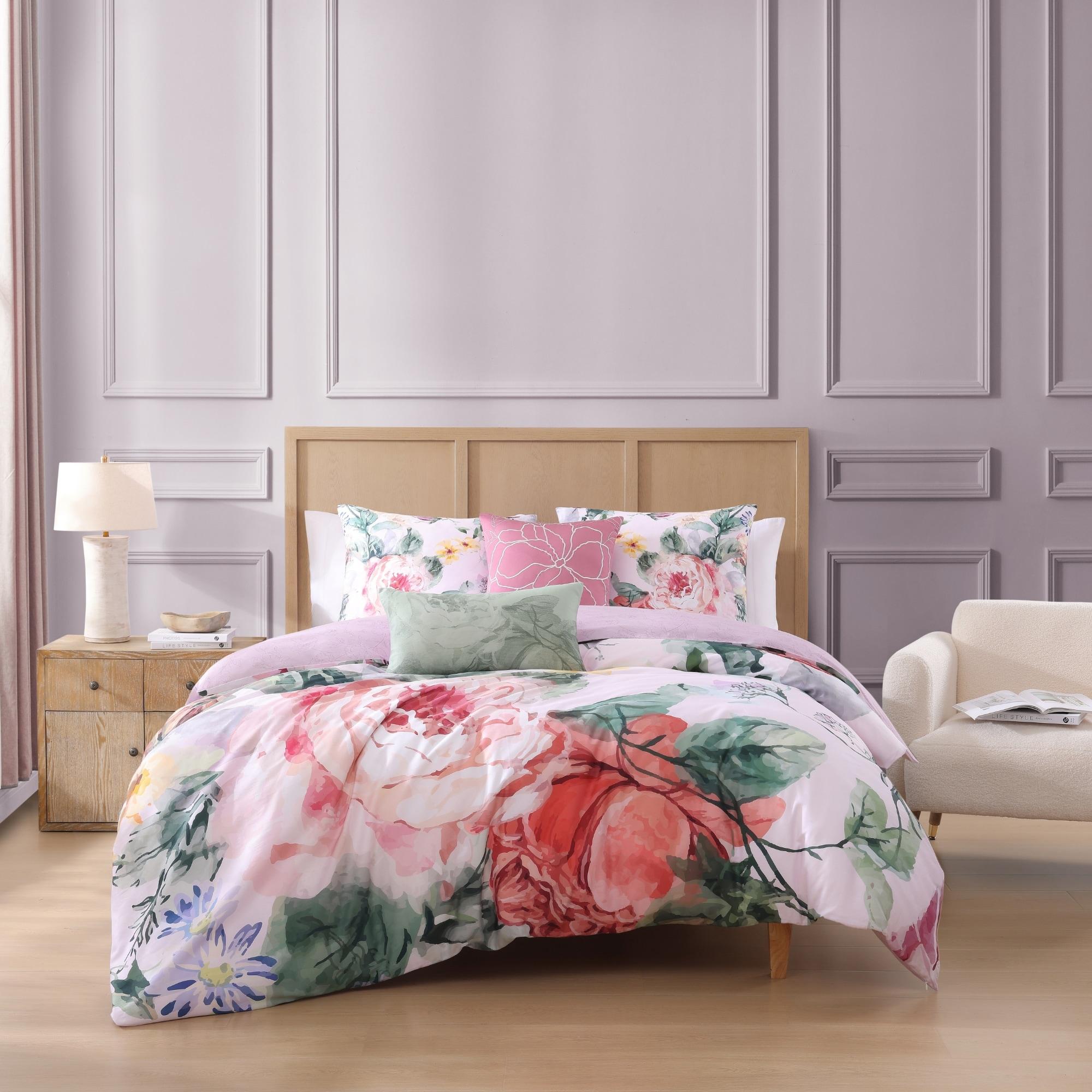 BeBeJan Bebejan Cool Pink Roses 200 Thread Count 100% Cotton Sateen 5-Piece Reversible Comforter Set