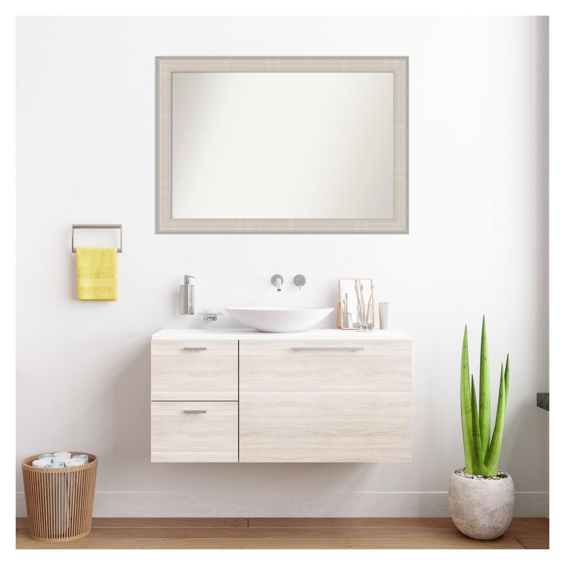 41"x29" Non-Beveled Cottage Wood Bathroom Wall Mirror White/Silver - Amanti Art: Modern Rectangle, Wall Mount, Wood Frame