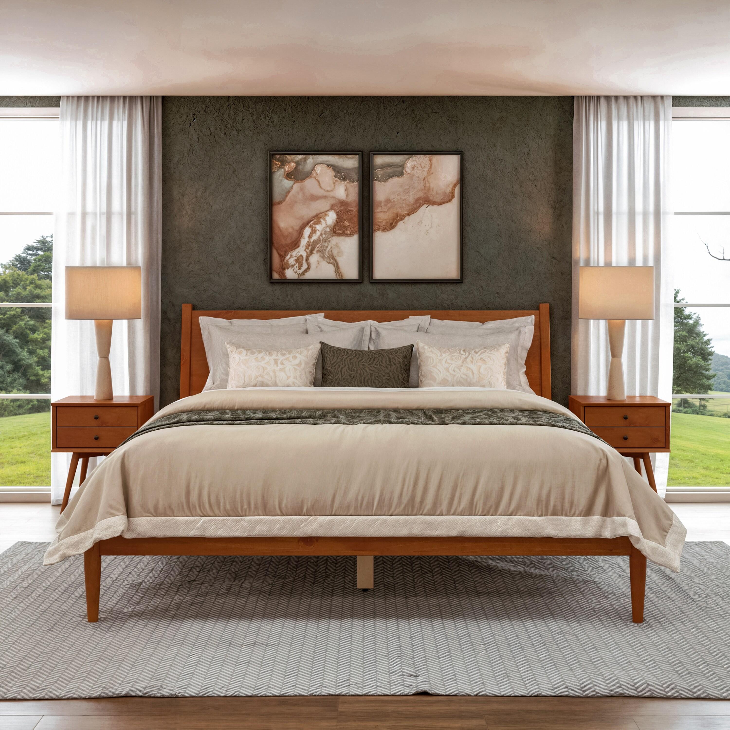 Camaflexi Mid Century Platform Bed Wood Panel Bed Frame with Headboard, King, Castanho