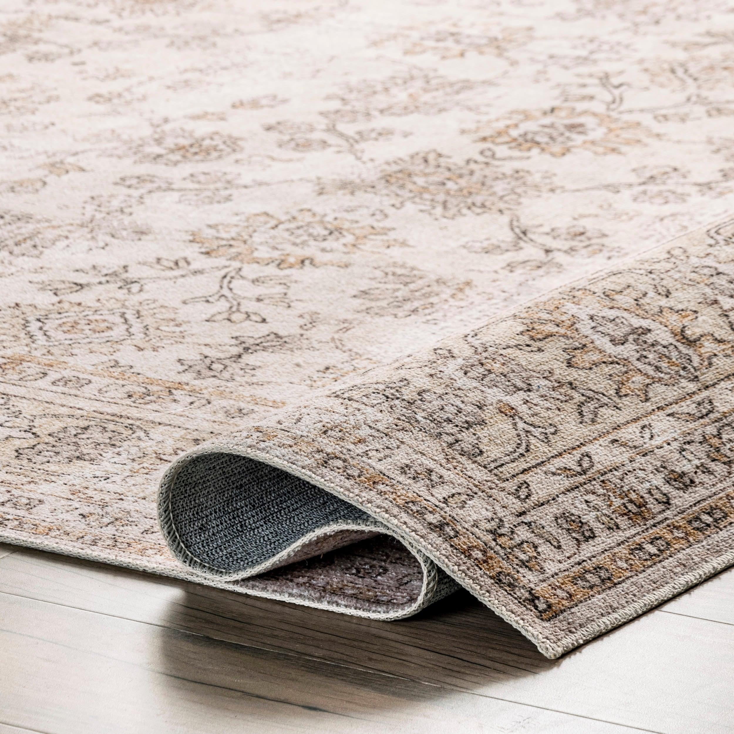 Gray Floral Synthetic Rectangular Washable Area Rug 4' x 6'
