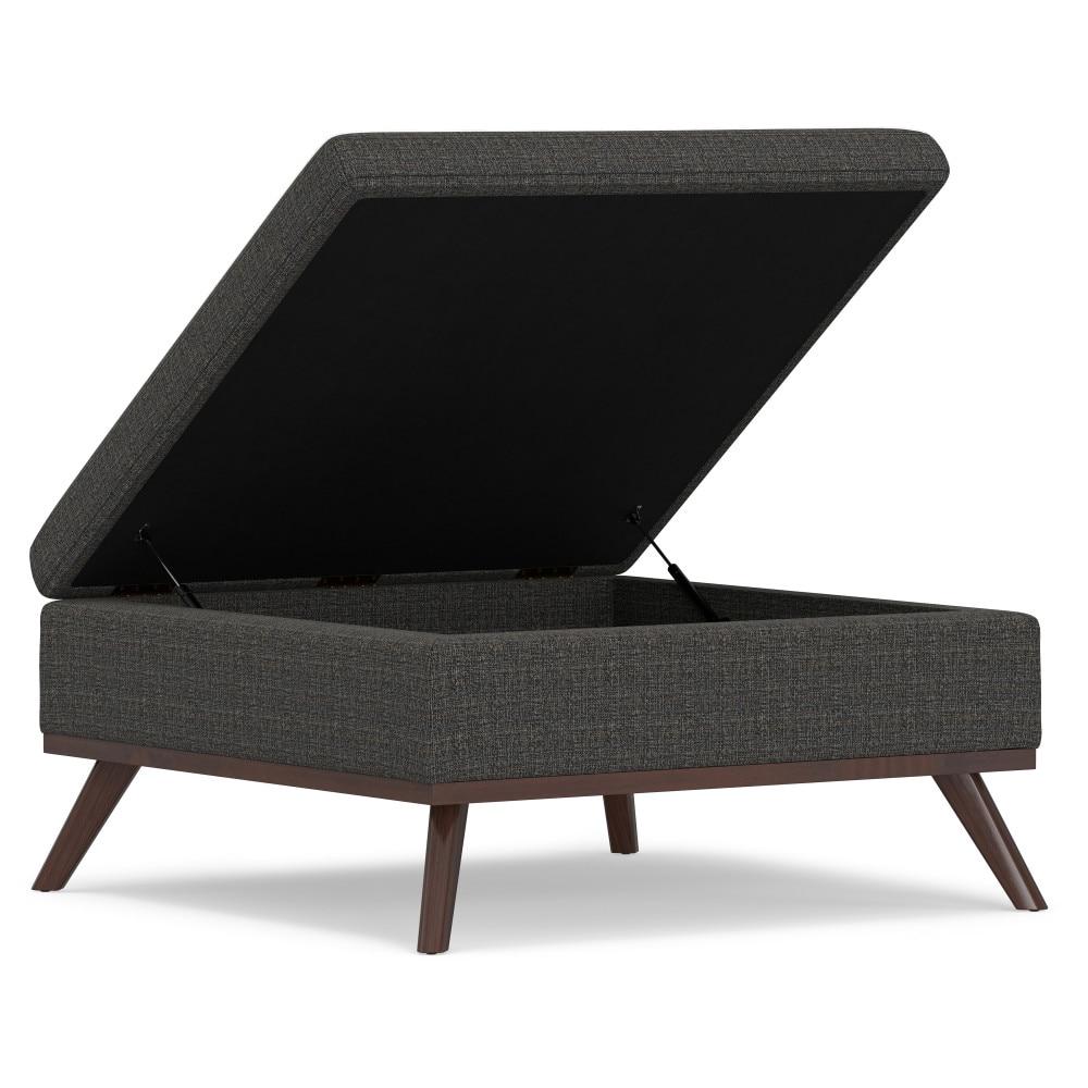 Simpli Home Owen 36"W Upholstered Square Coffee Table Storage Ottoman with Lift Top and Solid Wood Legs