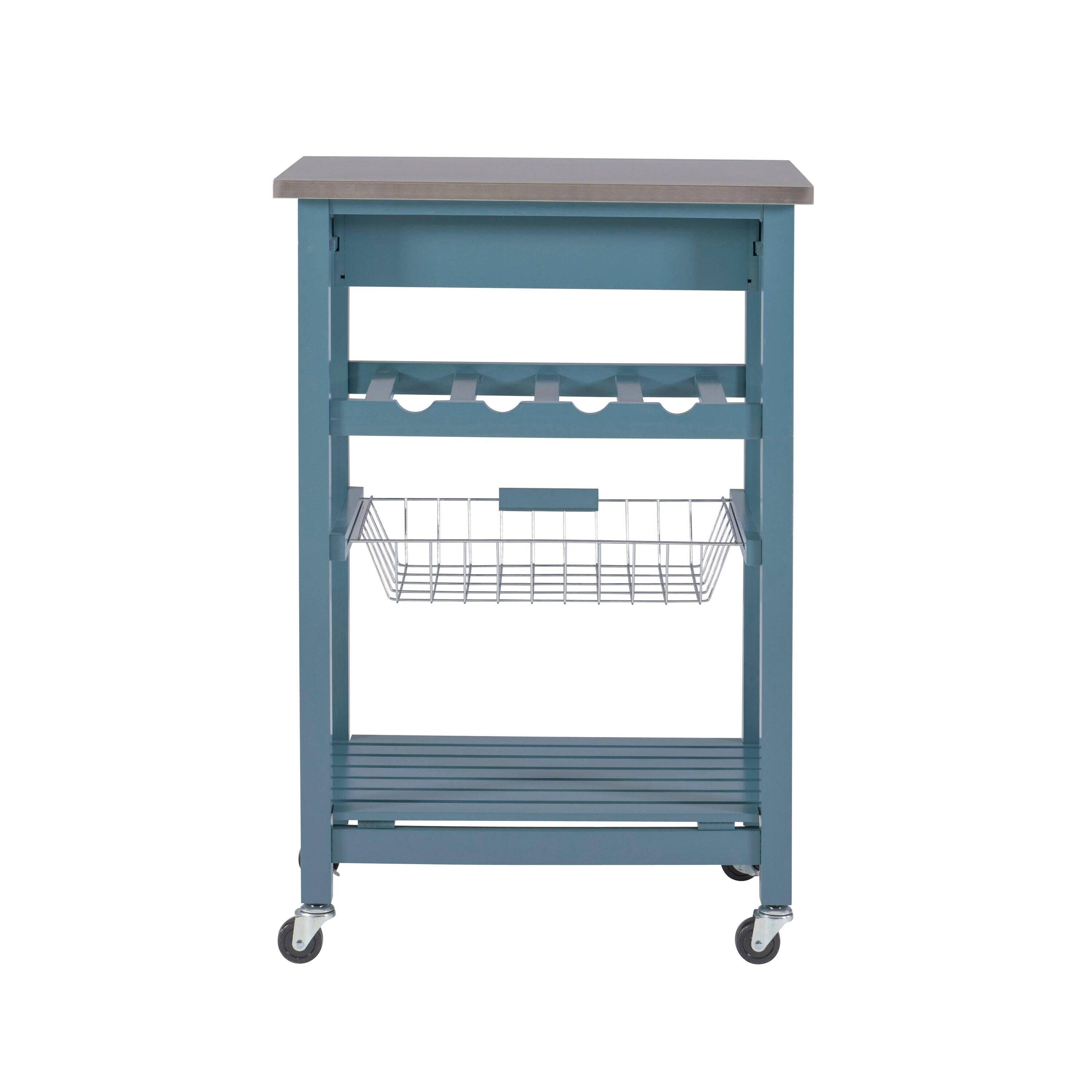 Clarke Blue Wood Kitchen Cart Stainless Steel Top Basket & Drawer Wine Storage Rack - Linon