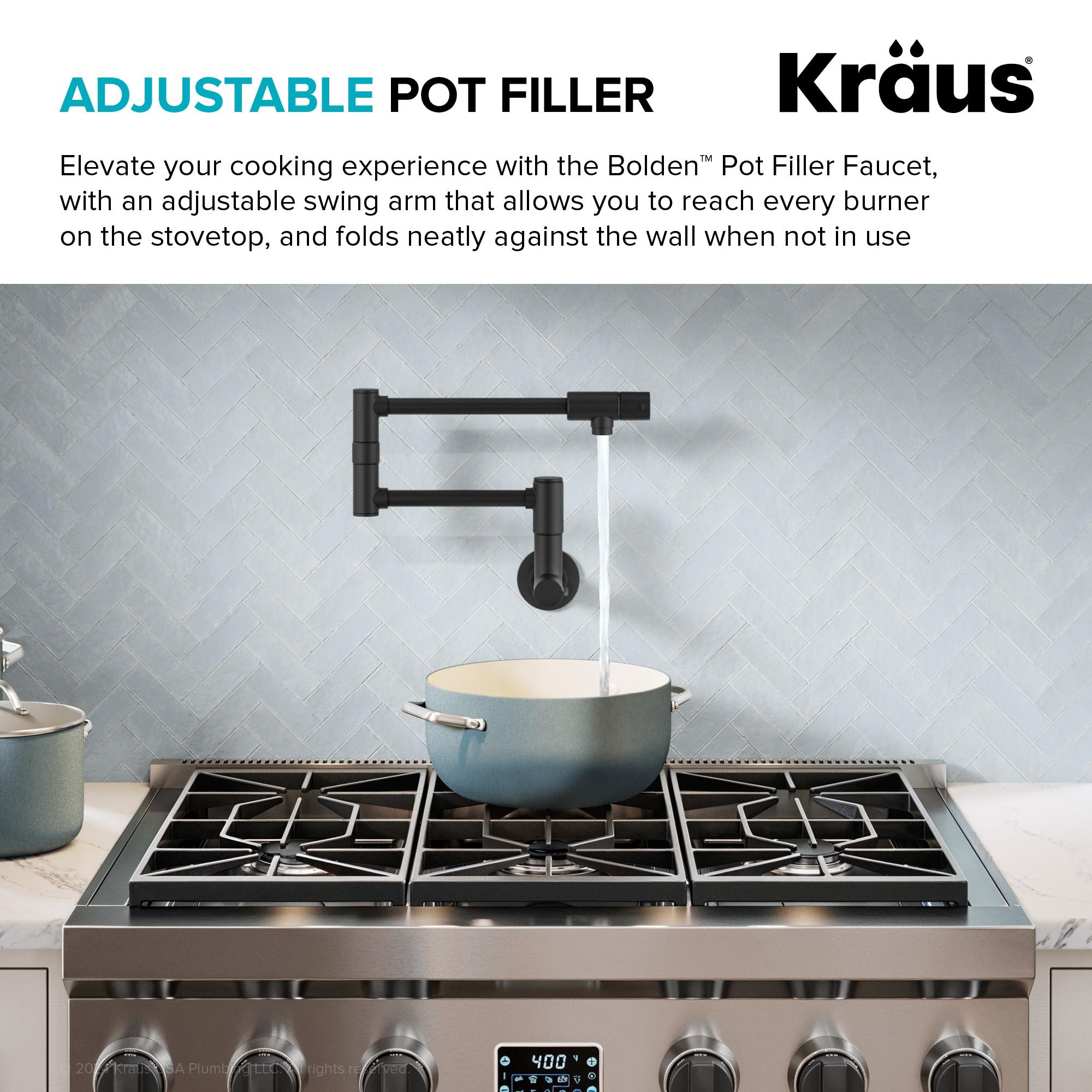 KRAUS Bolden 2 Handle Pot Filler Faucet With Retractable Arm, Wall Mount Kitchen Faucet, Pot Filler For Over Stove
