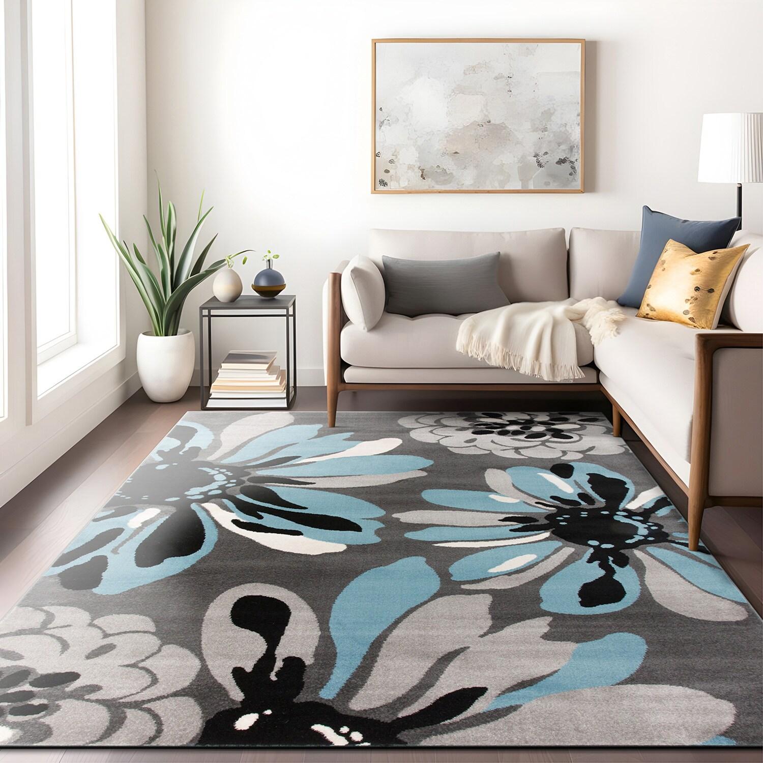 World Rug Gallery Contemporary Modern Flowers Area Rug - Blue 5'3" x 7'3"