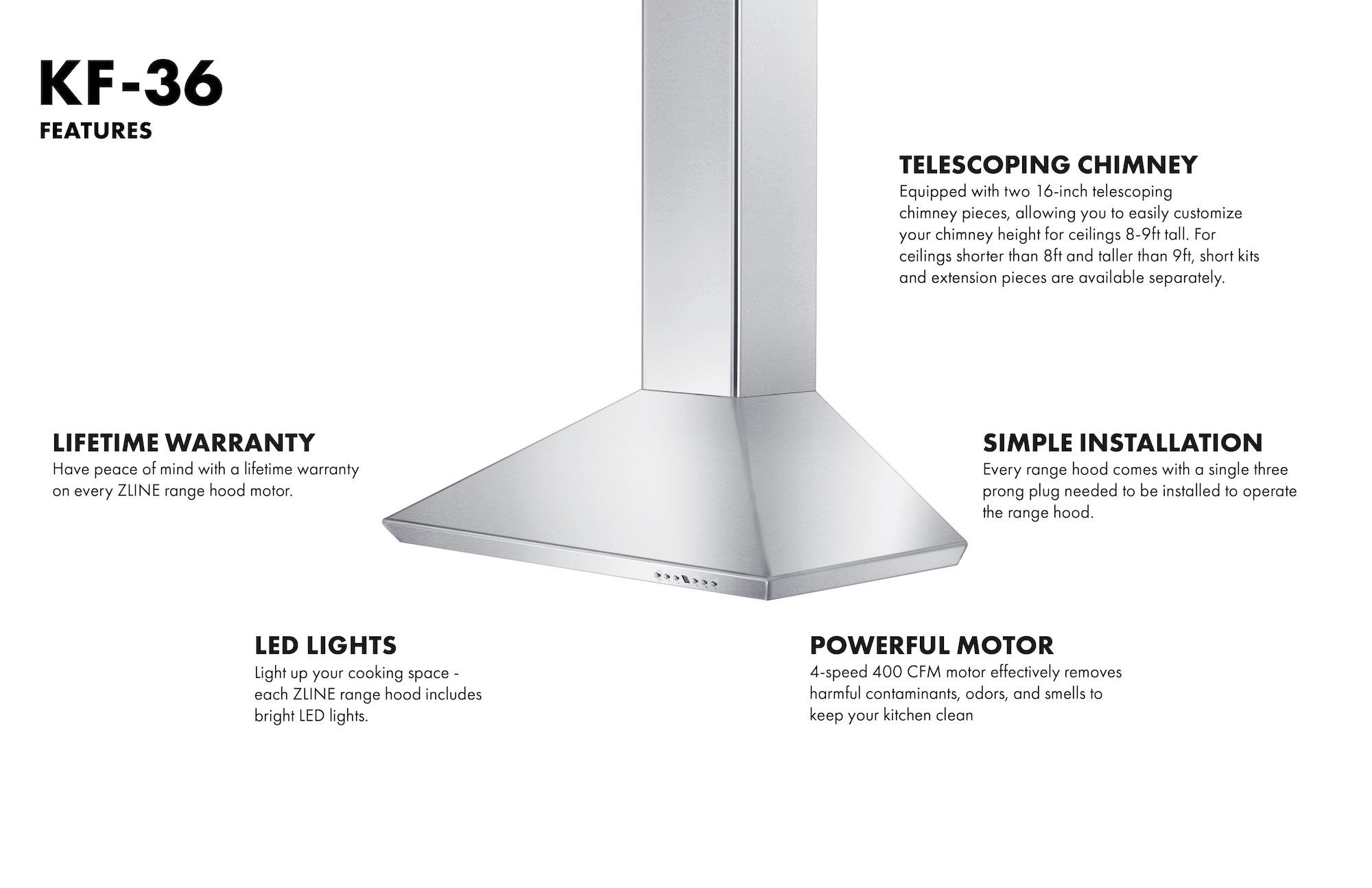 36" KF 400 CFM Convertible Wall Mount Range Hood in Brushed 430 Stainless Steel