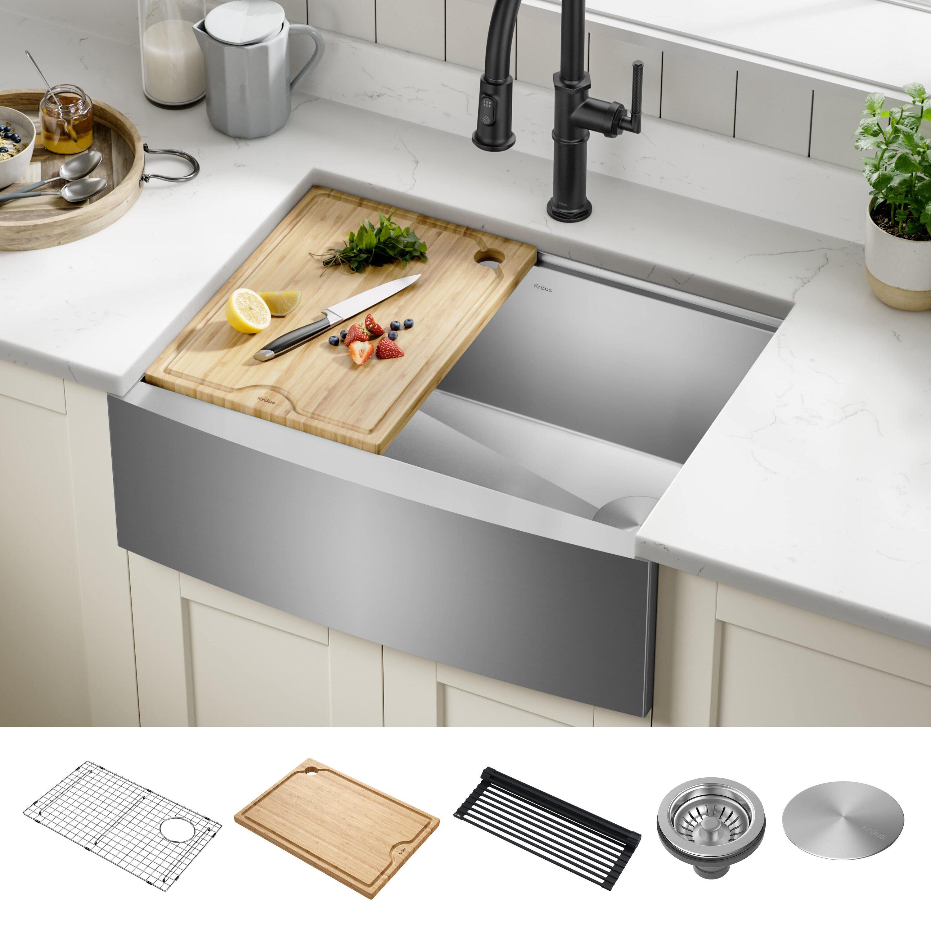 KRAUS Kore™ 27" L Farmhouse Apron Front Workstation 16 Gauge Stainless Steel Single Bowl Kitchen Sink with Accessories