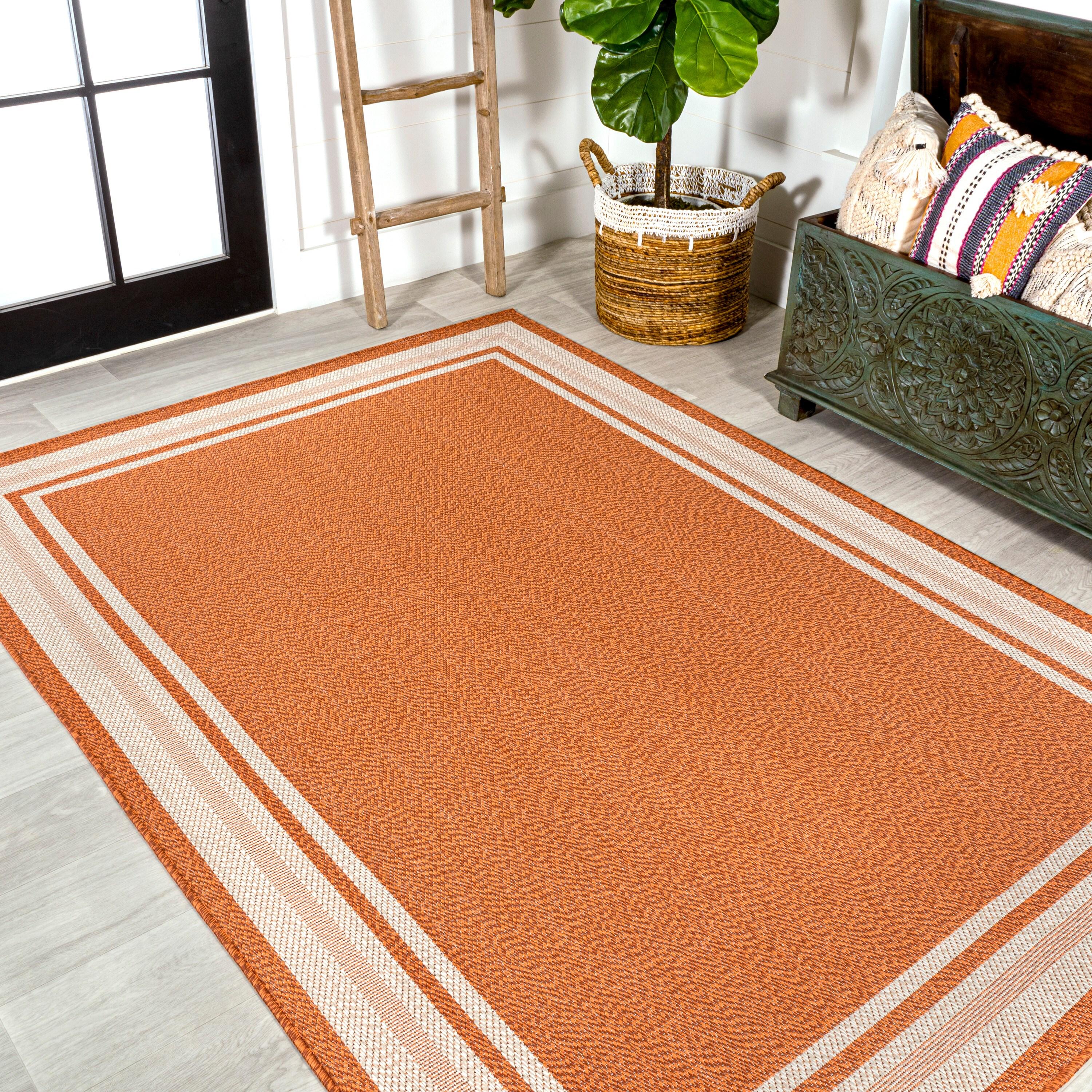 4' x 6' James Modern Border Stripe Indoor/Outdoor Area Rug, Orange/Cream - JONATHAN Y