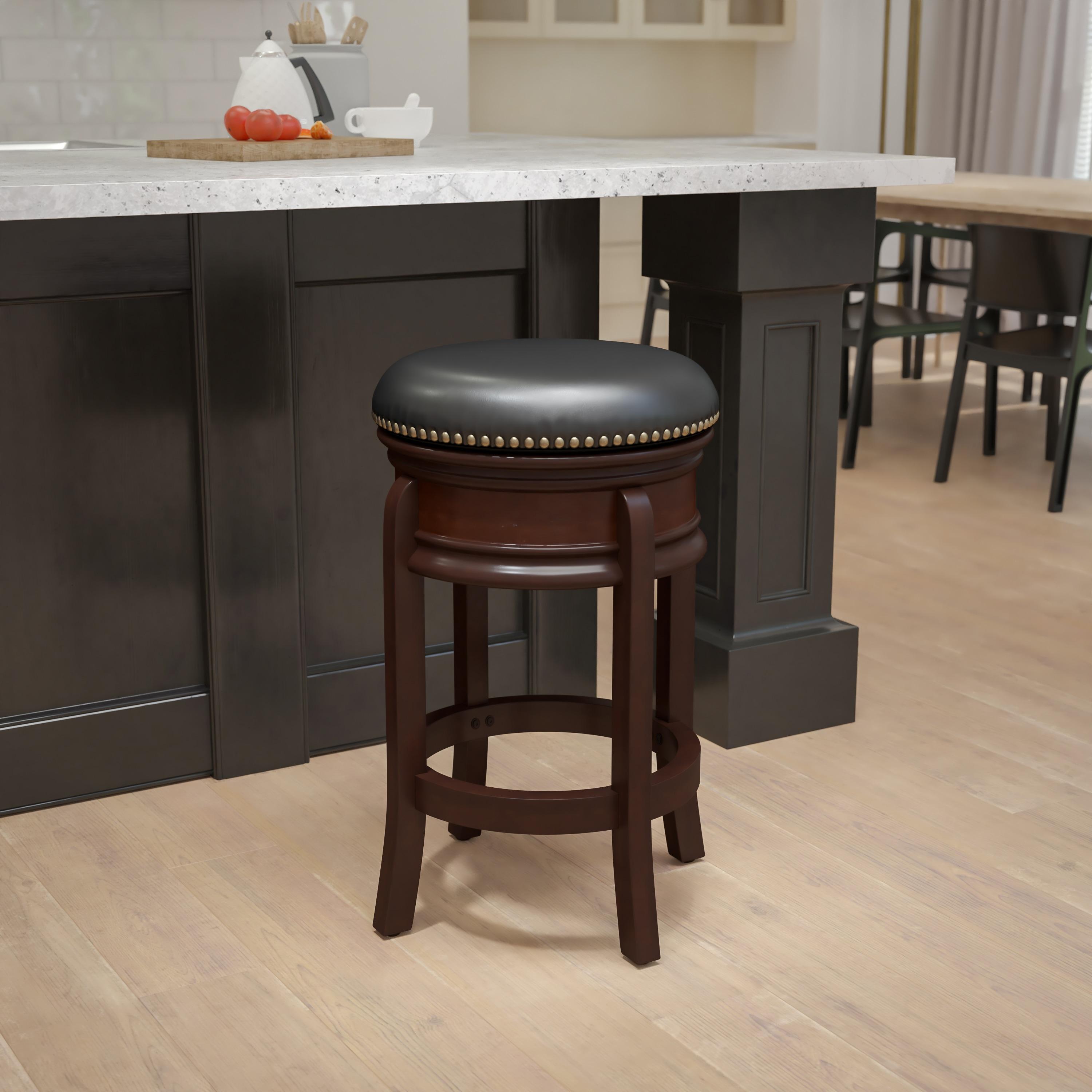 Flash Furniture 24'' High Backless Cappuccino Wood Counter Height Stool with Carved Apron and Black LeatherSoft Swivel Seat