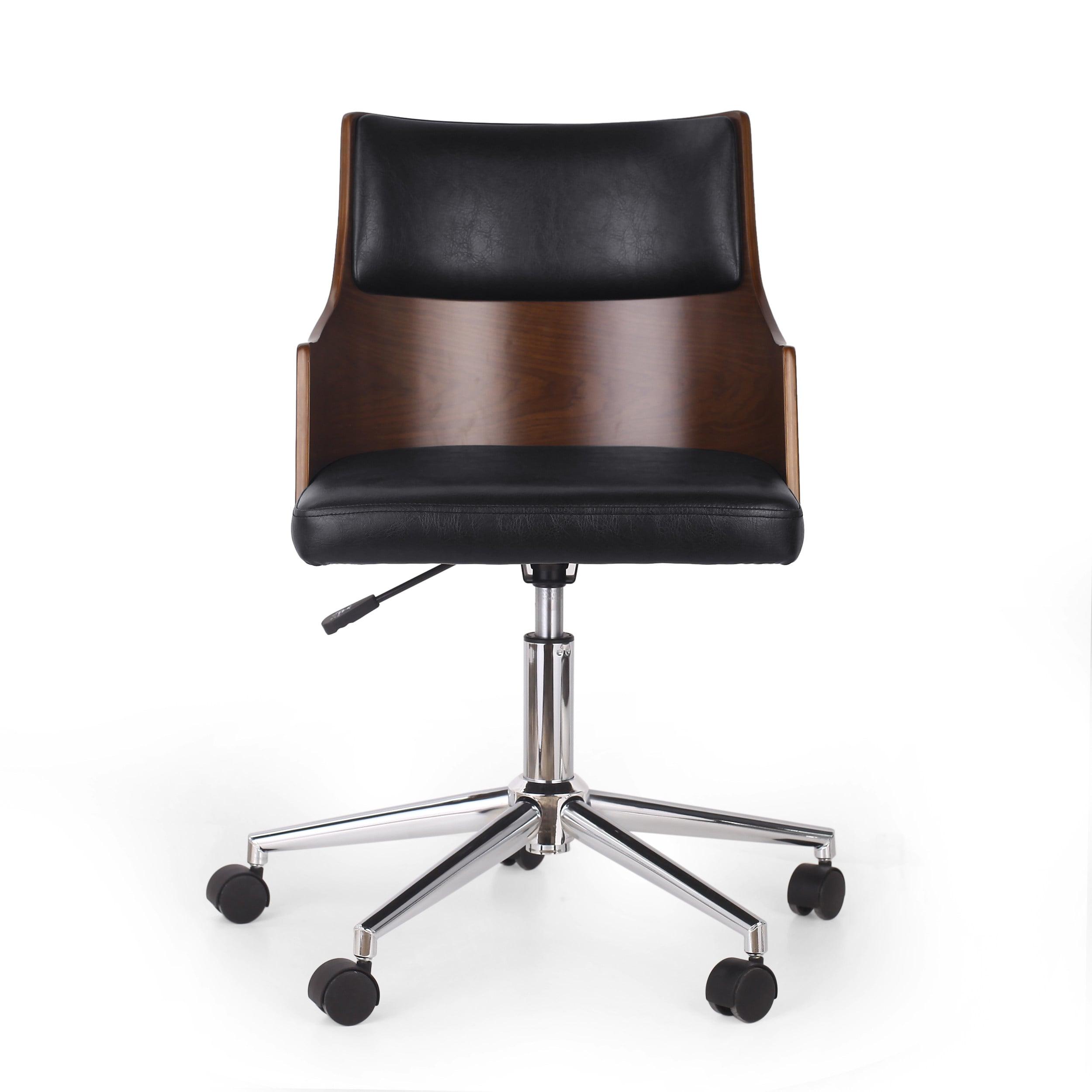 Christopher Knight Home Rhine Mid-Century Modern Upholstered Swivel Office Chair Midnight Black/Walnut: Chrome Base, Ergonomic Design with Casters