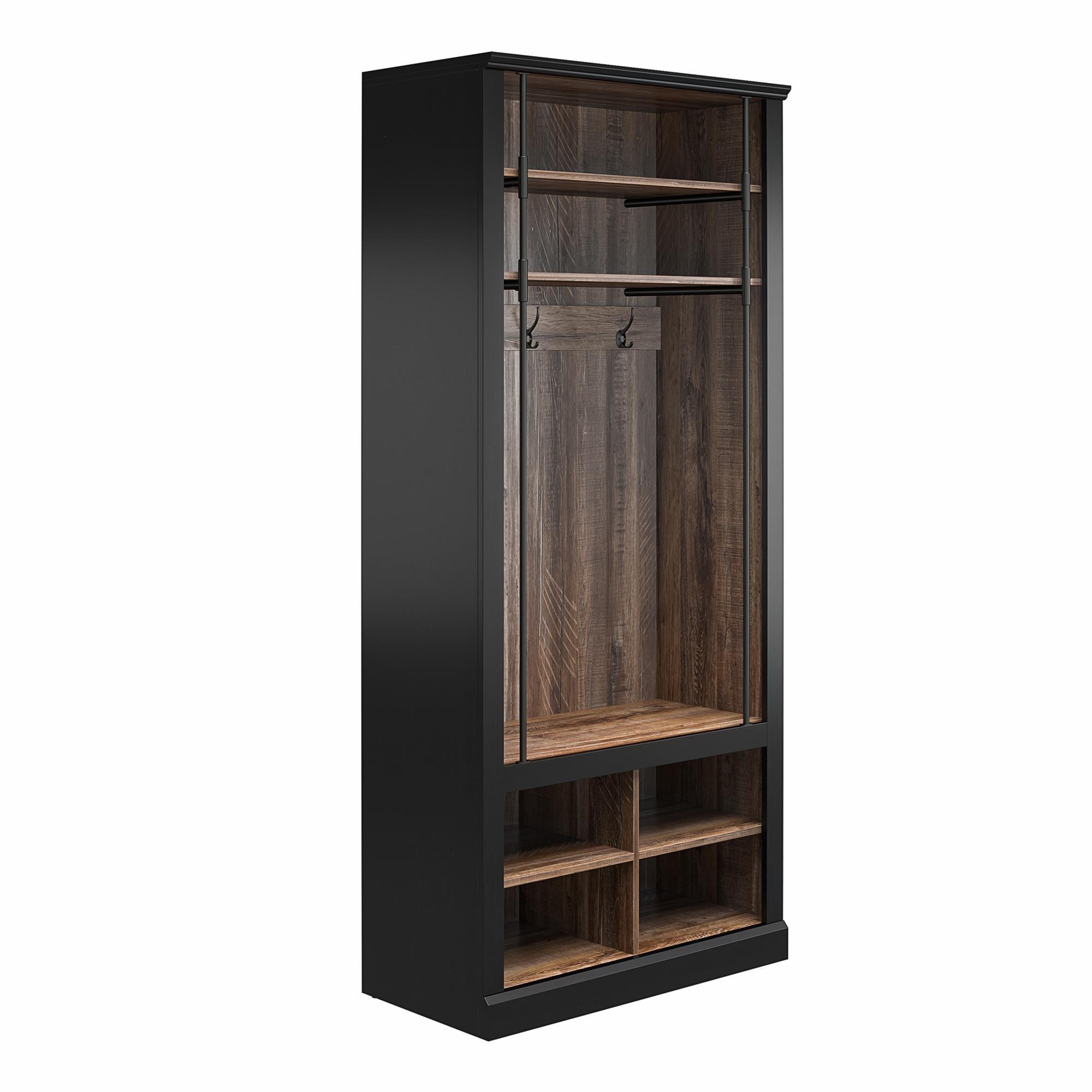 Ameriwood Home Hoffman Entryway Hall Tree with Bench and Storage Cubbies, Black and Walnut