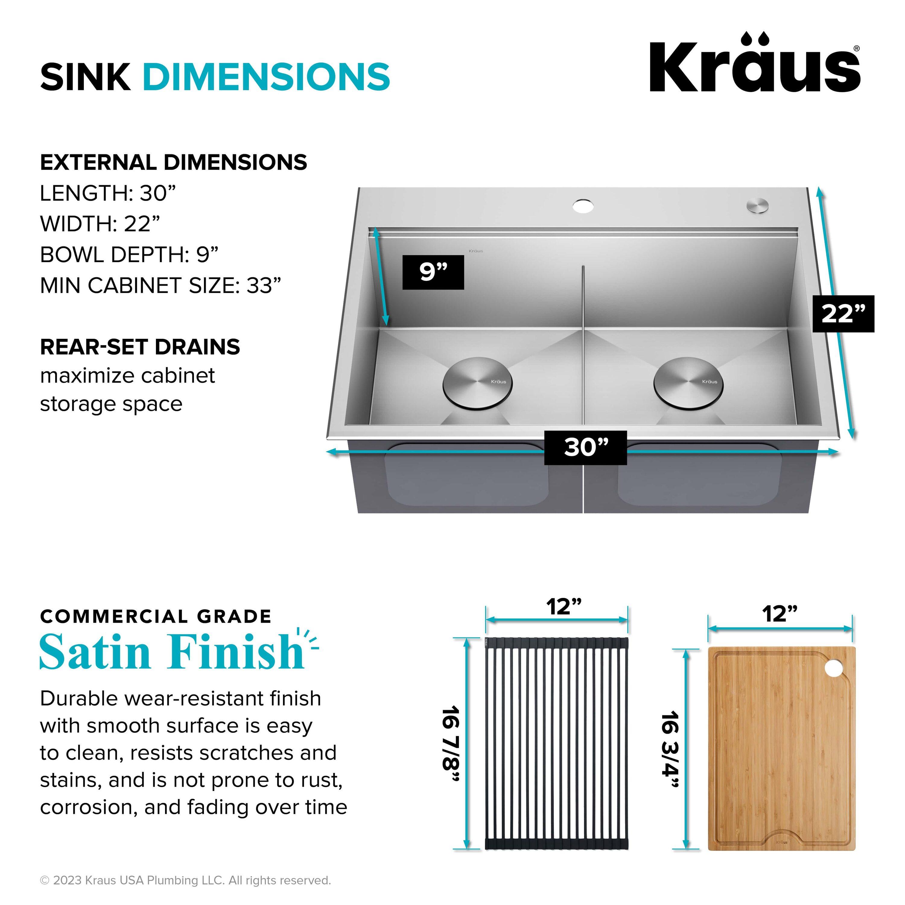 KRAUS Kore™ 30" L Drop-In Workstation 16 Gauge Stainless Steel Double Bowl Kitchen Sink with Accessories