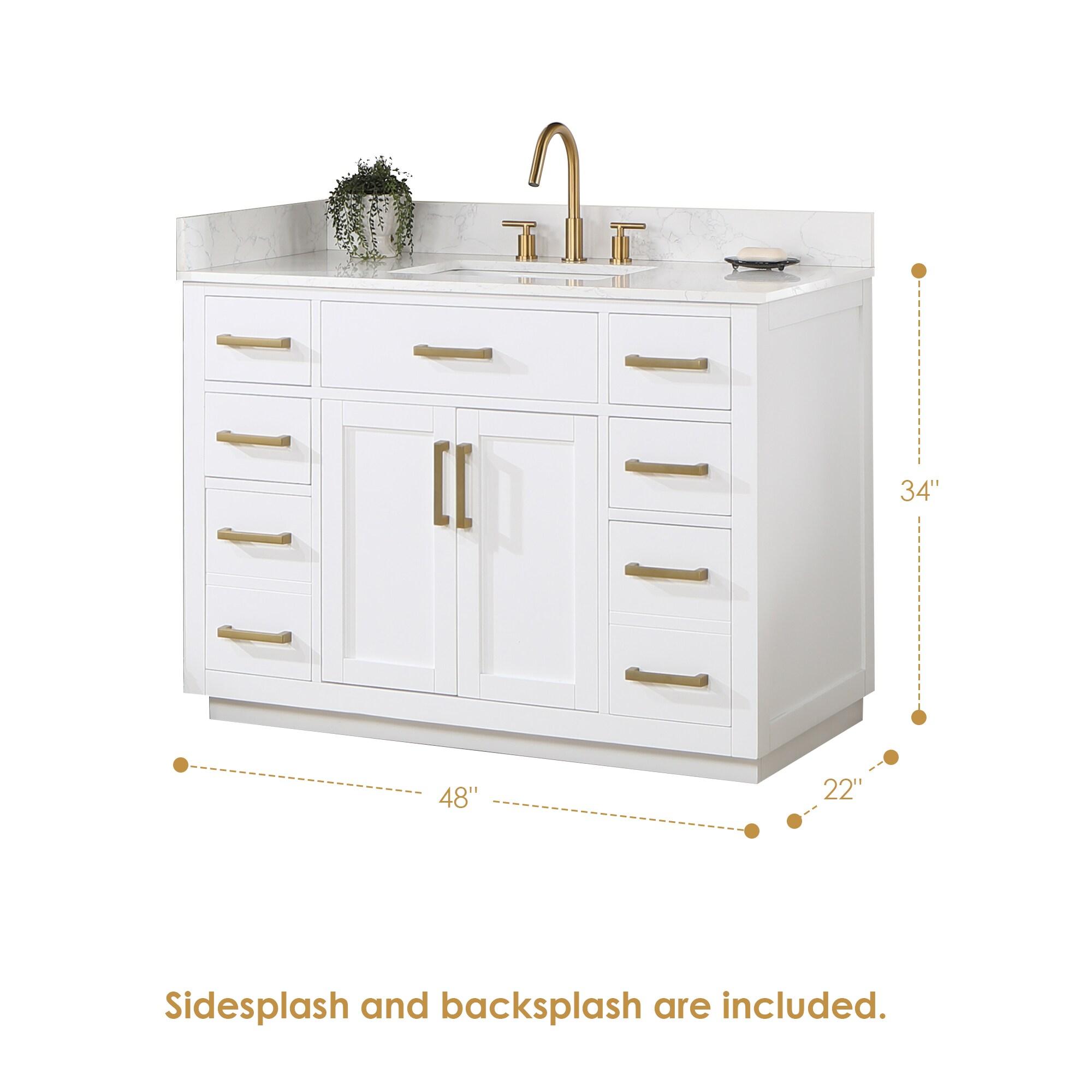 Gavino 48" Wood Vanity in White with Grain White Composite Stone Top and Mirror