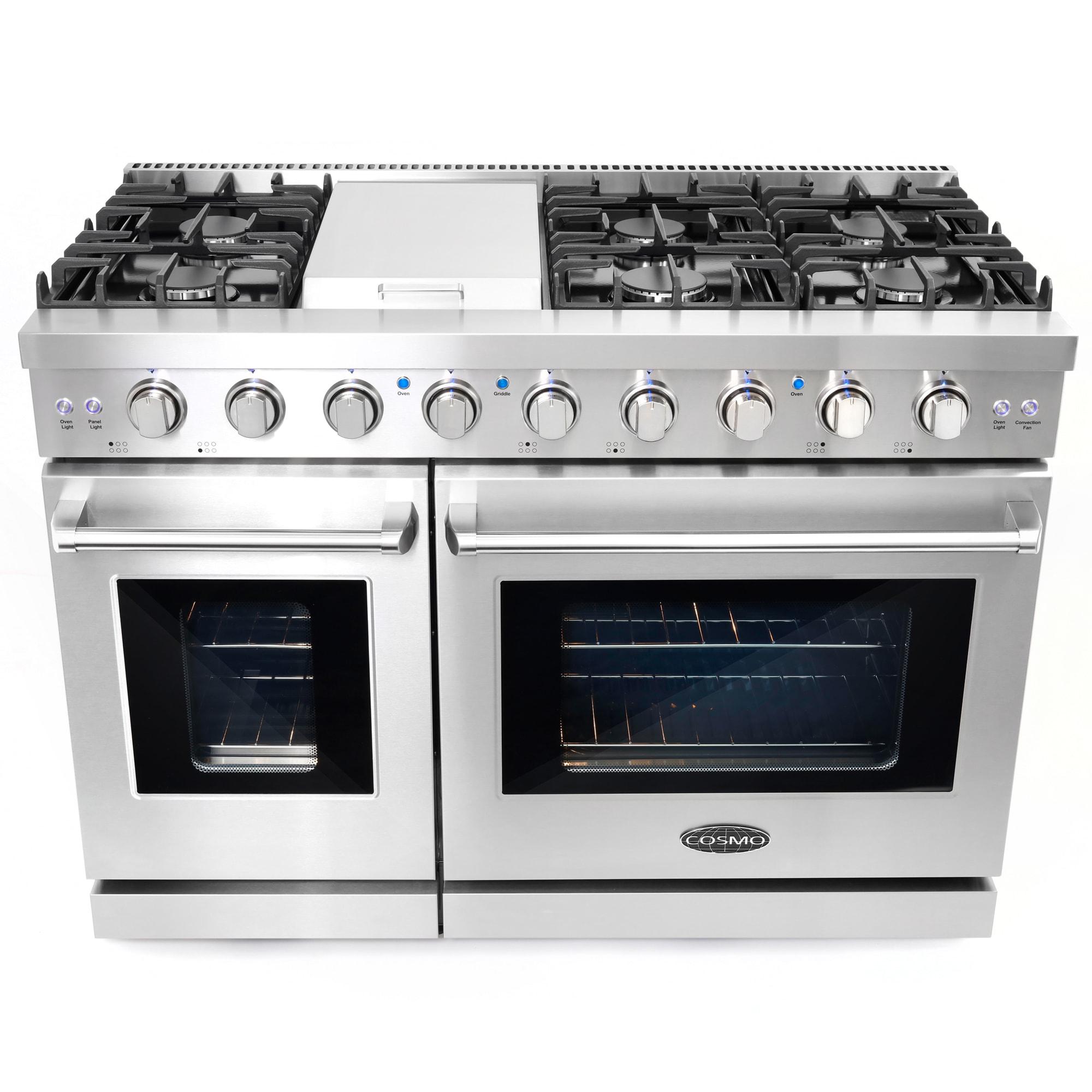 Cosmo 48 in. Haven Collection 6.8 cu. ft. Double Oven Gas Range, 6 Burners, Griddle, Convection, Knob LEDs, Stainless Steel