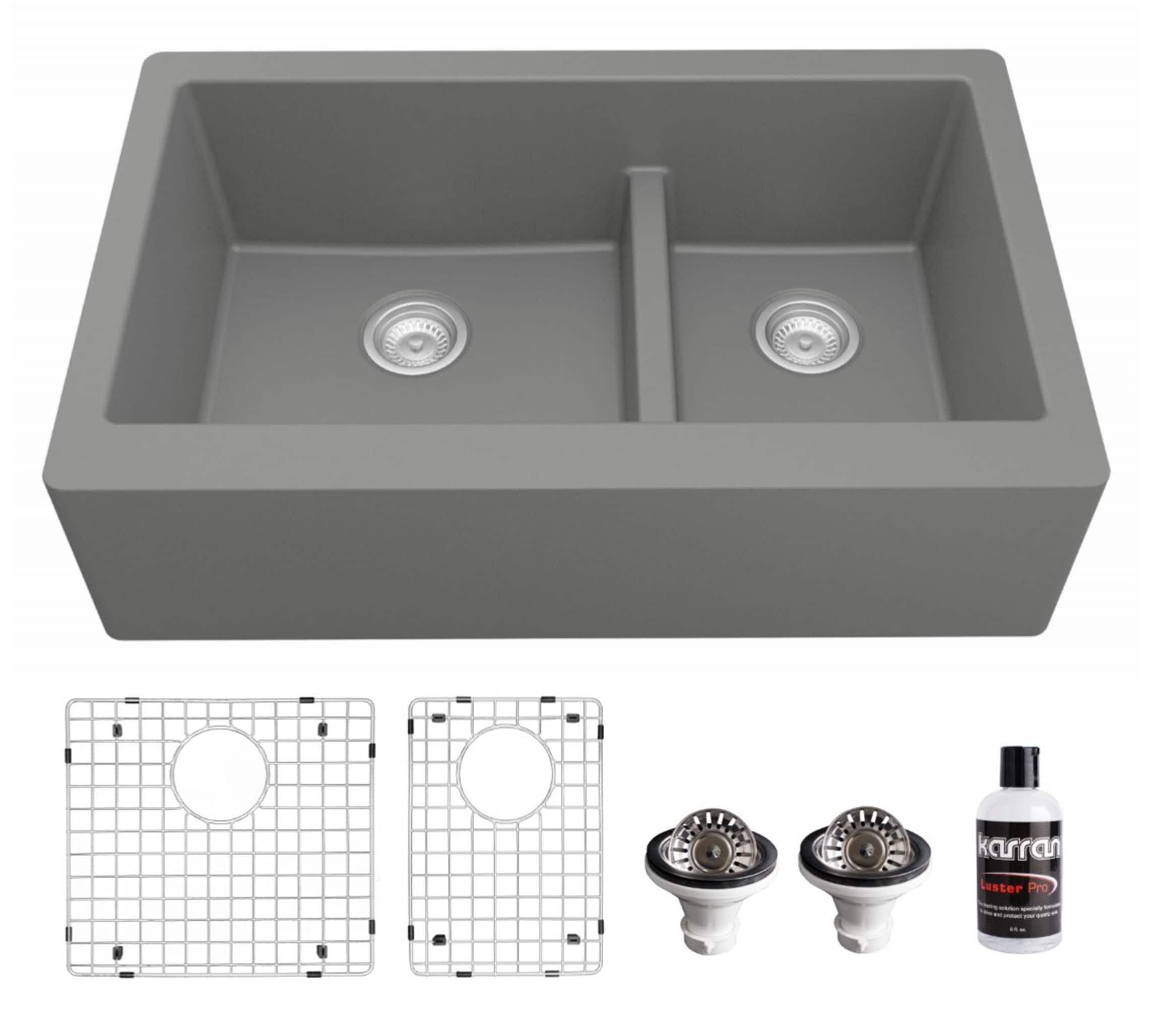 Karran Quartz 34'' X 21-1/4'' 60/40 Double Bowl Farmhouse/Apron Front Kitchen Sink Kit