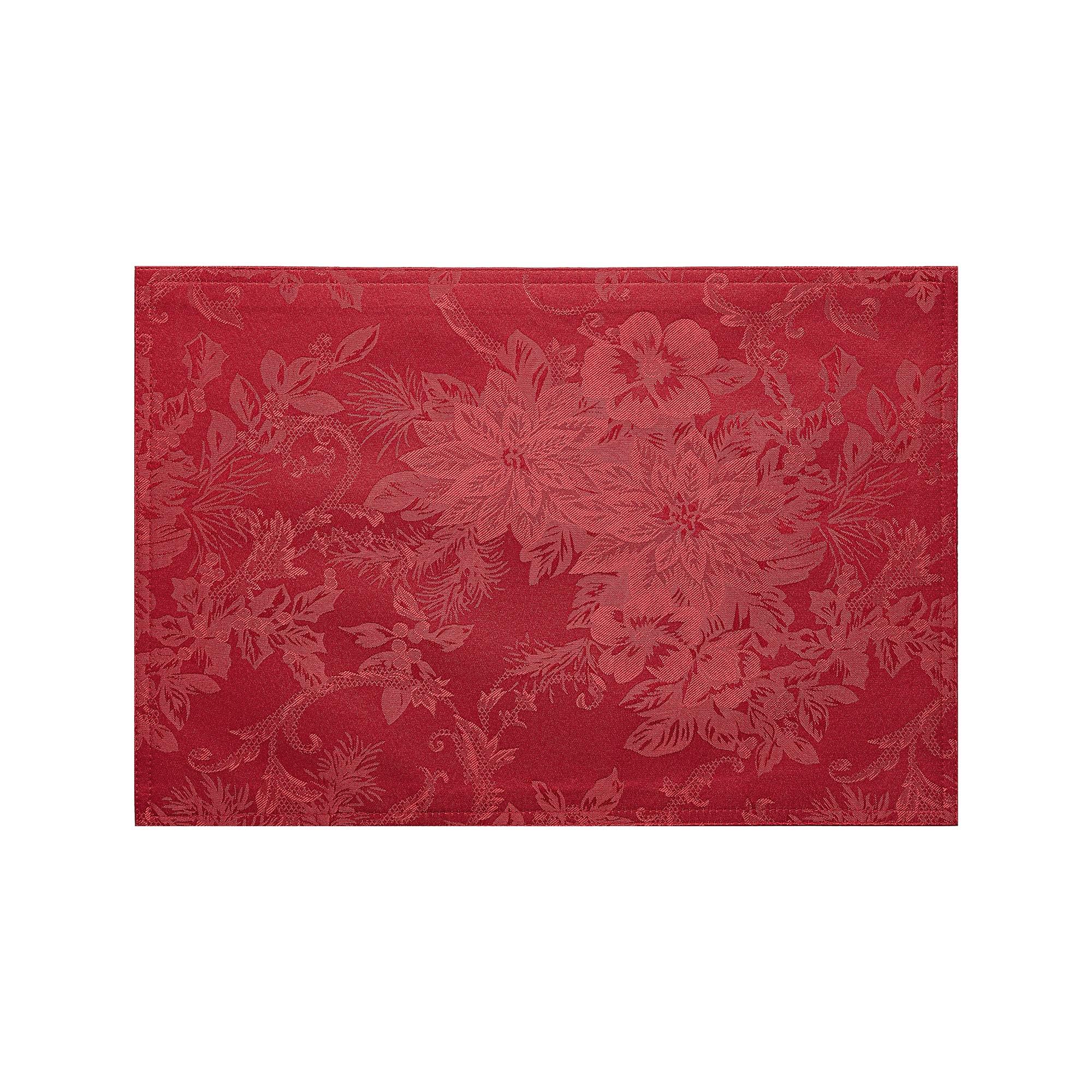 Poinsettia Elegance Jacquard Holiday Placemat, Set of 4 - 13" x 19" - Red - Elrene Home Fashions