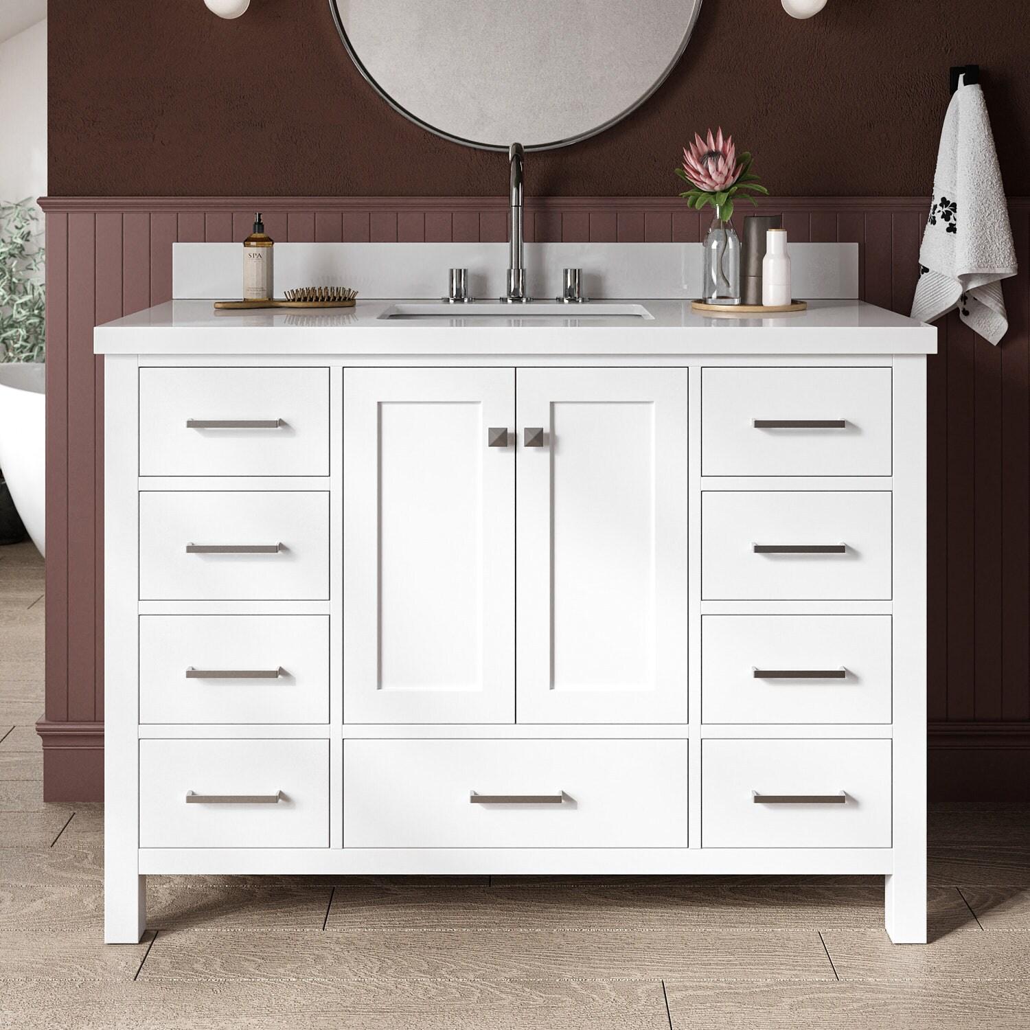 ARIEL 49" Bathroom Vanity with 1.5" Edge Pure White Quartz Countertop & Backsplash, Center Rectangular Sink, 2 Soft Closing Doors, 9 Full Extension Dovetail Drawers, Brushed Nickel - White
