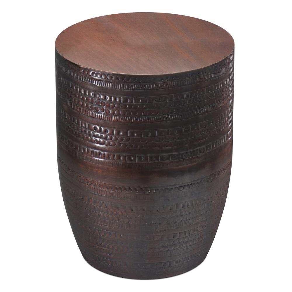 Bungalow Rose Johnsen 15"W Metal Industrial Boho Tribal Pattern Drum End Table with Textured Finish, Assembled