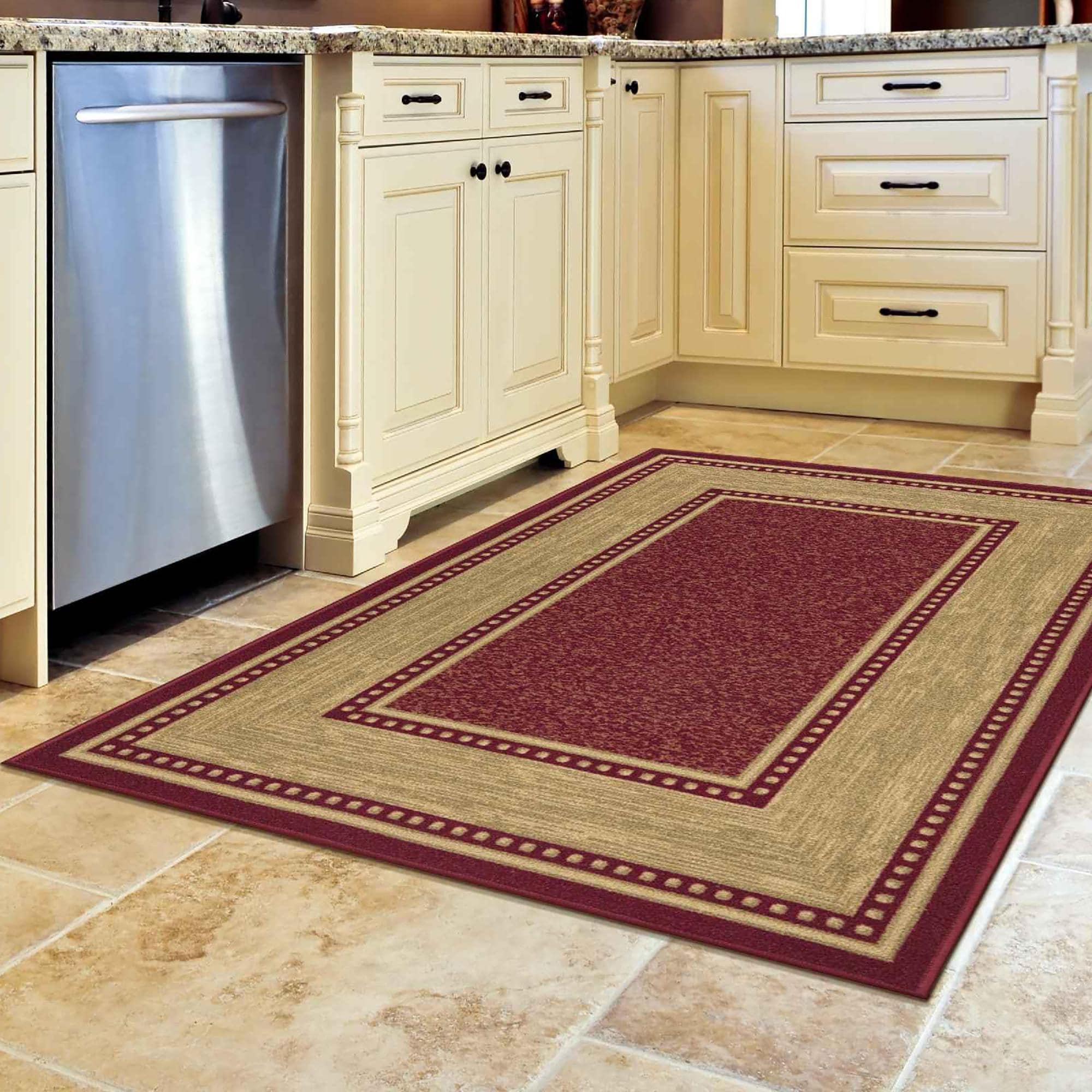 Machine Washable Non-Slip Rubberback Border Area Rug For Living Room, Hallway