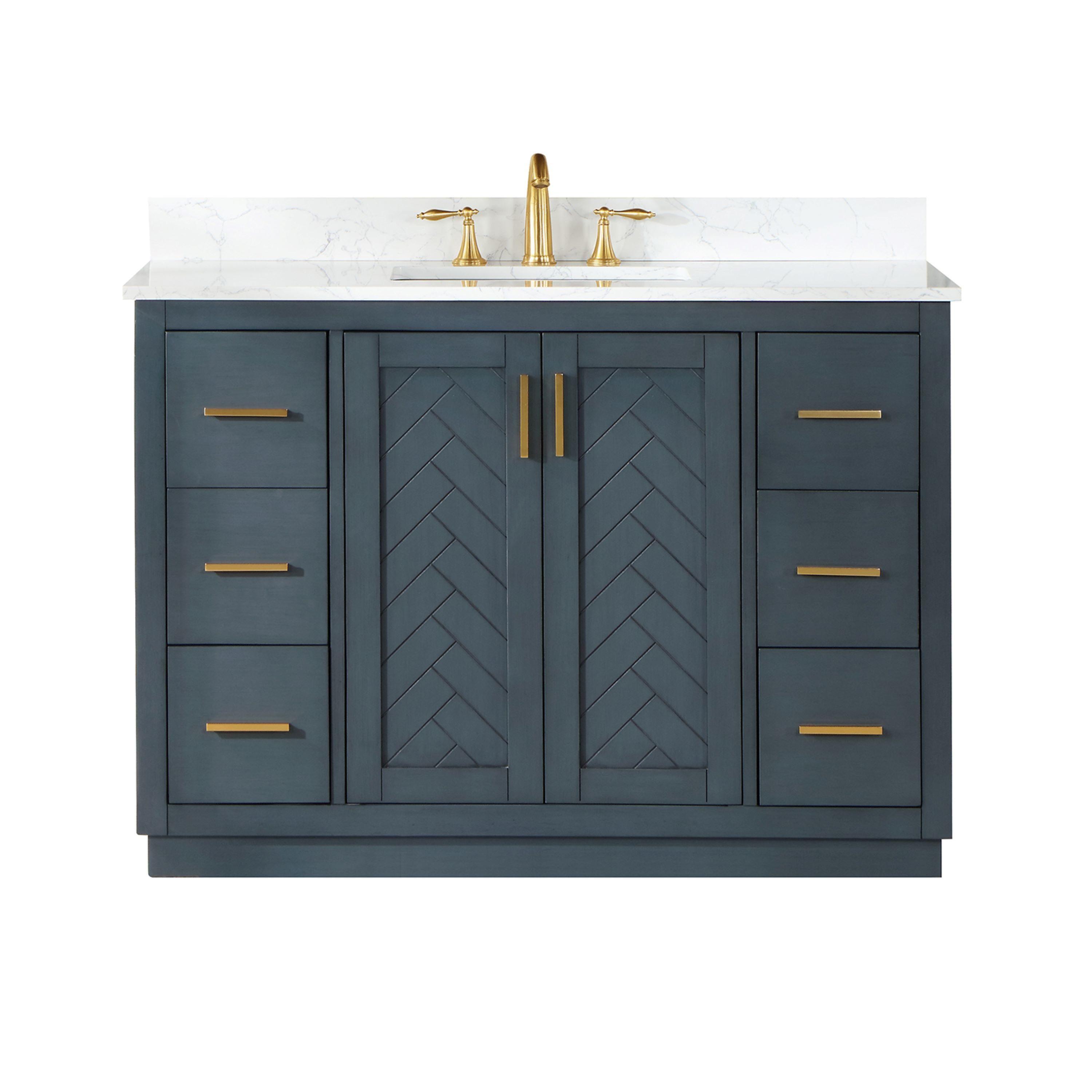 Gazsi 48" Single Bathroom Vanity Set in Charcoal Blue with Grain White Composite Stone Countertop without Mirror