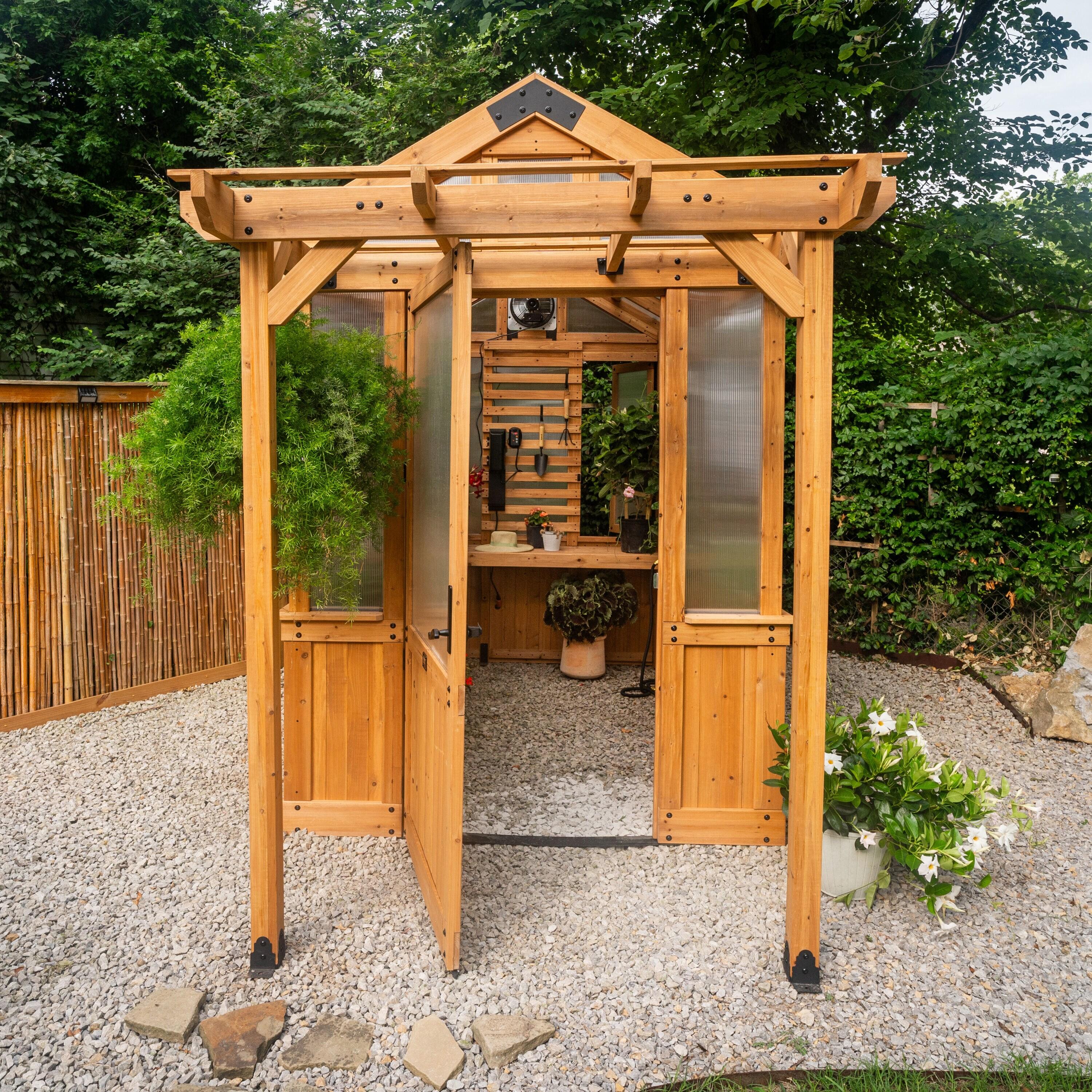 Backyard Discovery Bellerose 9' x 6' Cedar Wood and Polycarbonate Greenhouse Kit, Pergola