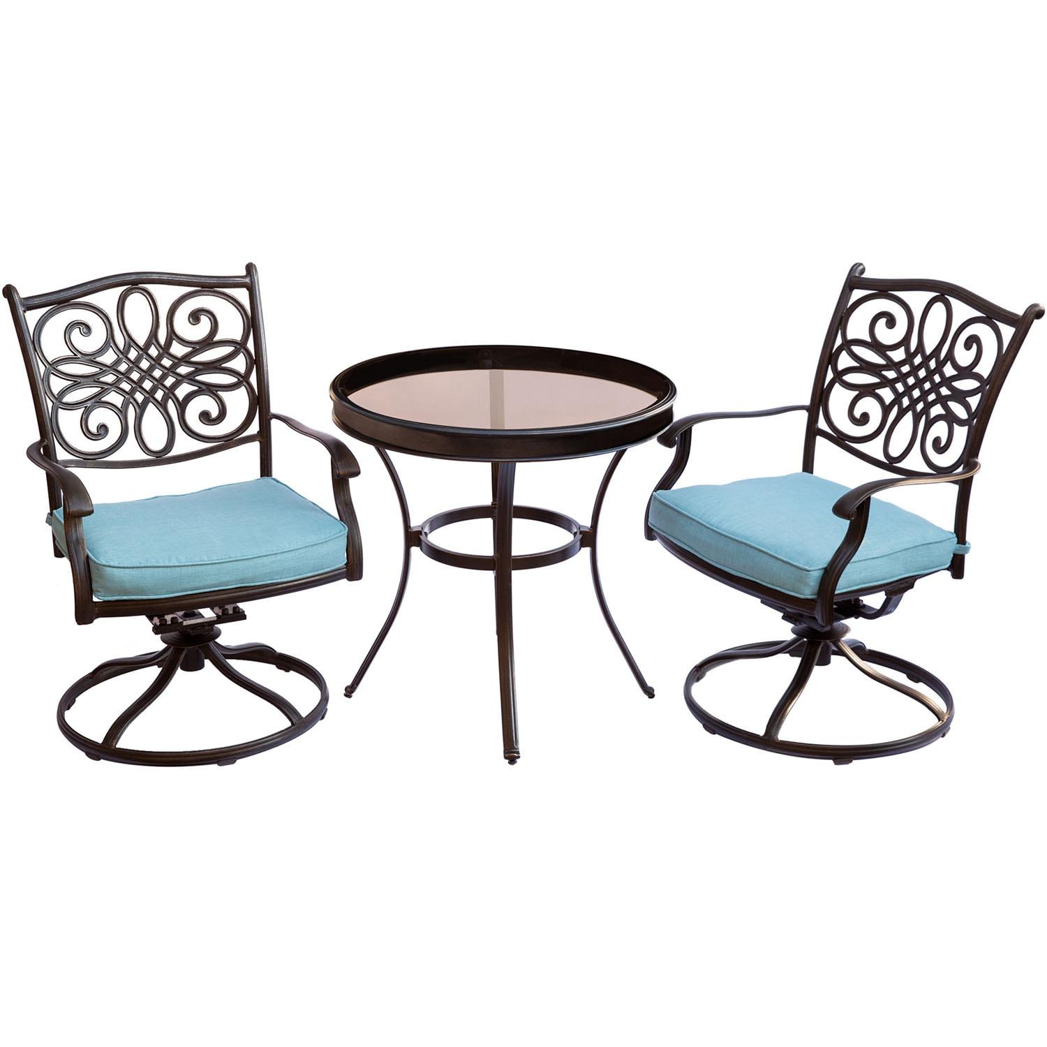 Hanover Traditions 3-Piece Swivel Bistro Set in Blue with 30 in. Glass-top Table