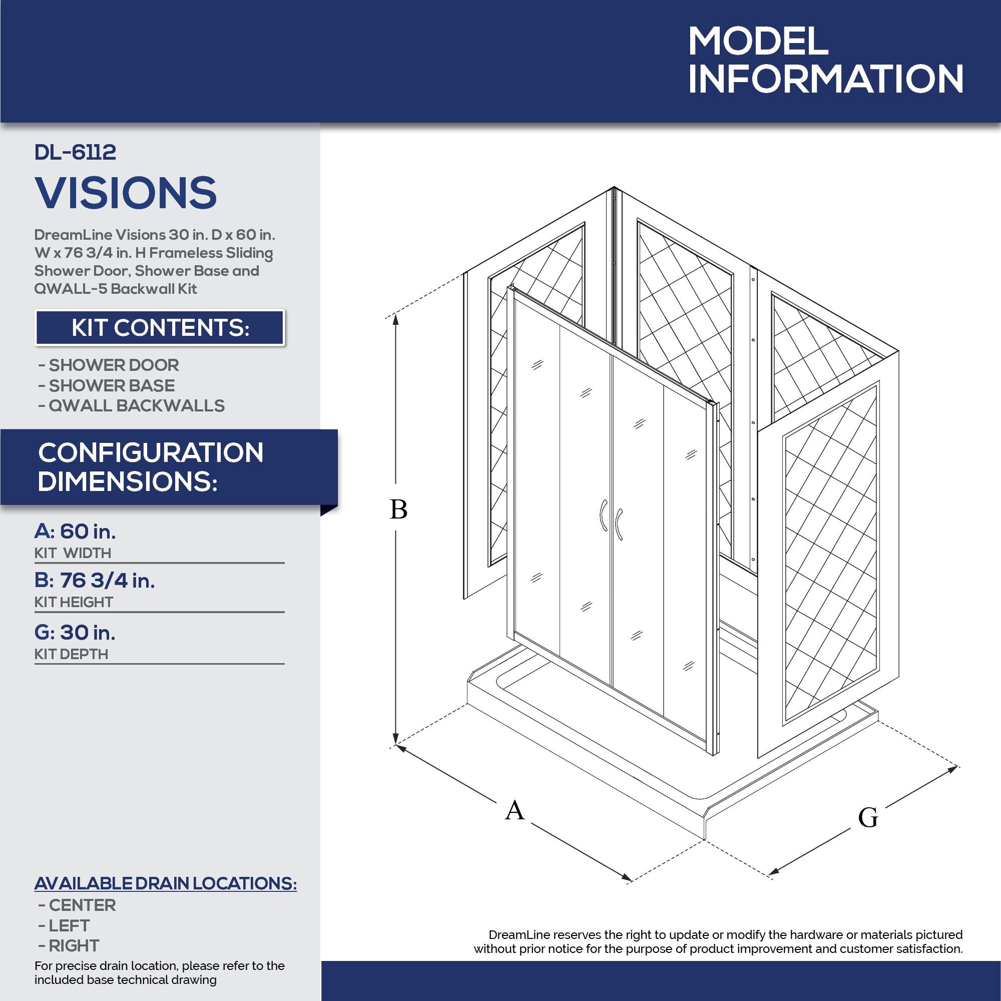 Visions 60" x 30" x 76.75" Sliding Frameless Shower Door