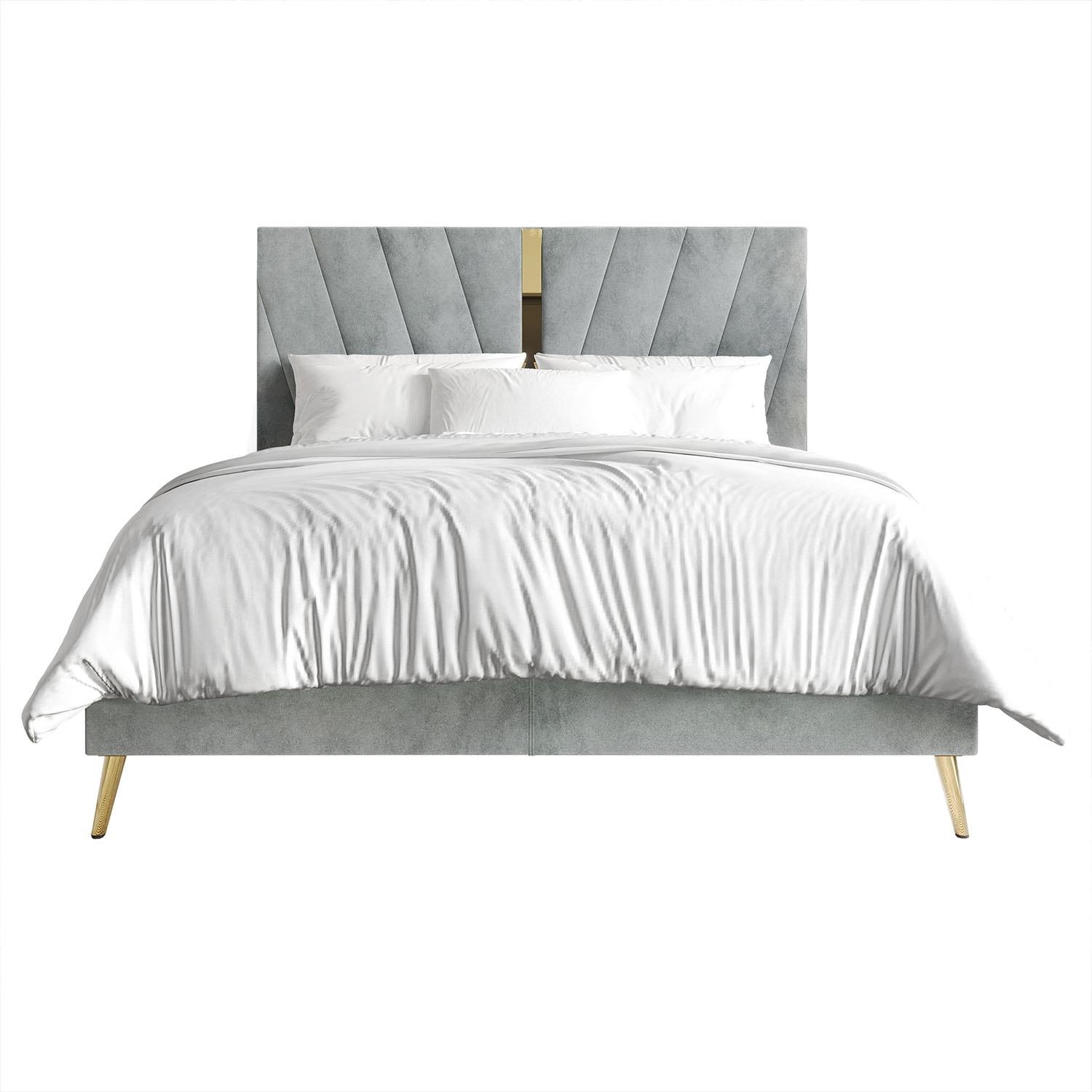 Castle Place Contemporary Velvet Queen Upholstered Bed with 2 Nightstand and Bench, Silver Grey