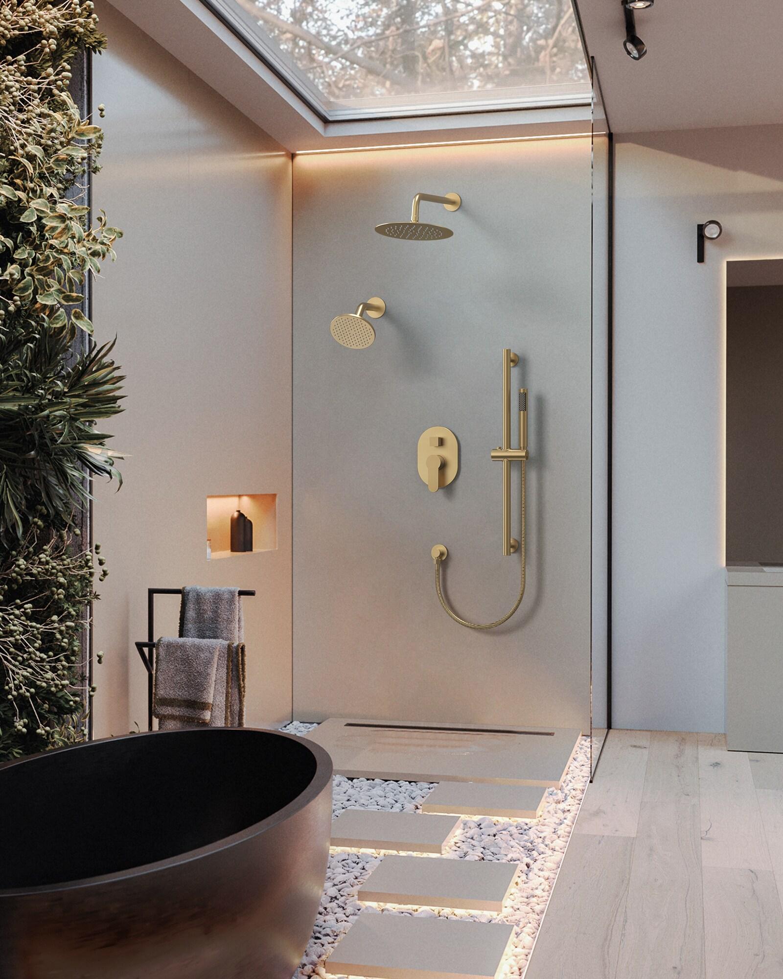 GRANDJOY Complete Shower System, 10" and 6" Dual Wall Mount Rain Shower Faucets with Handheld Shower Spray, High Pressure in Brushed Gold