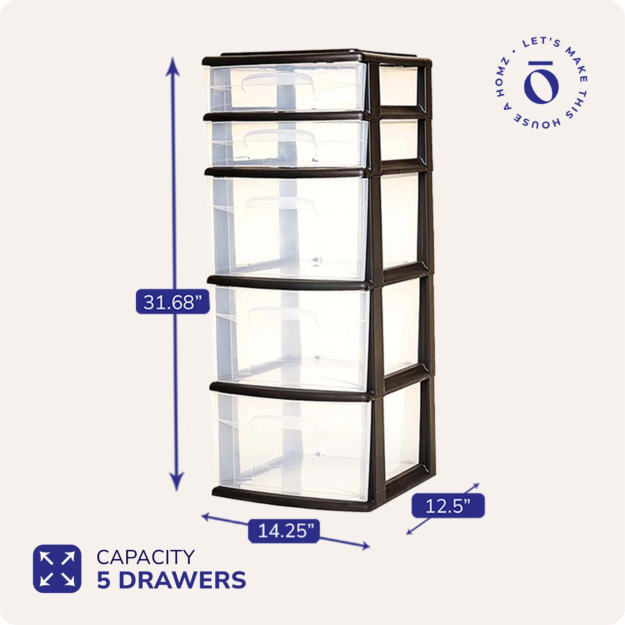 Homz Plastic 5 Clear Drawer Medium Home Closet Organizer Storage Container Tower with 3 Large Drawers and 2 Small Drawers, Black Frame