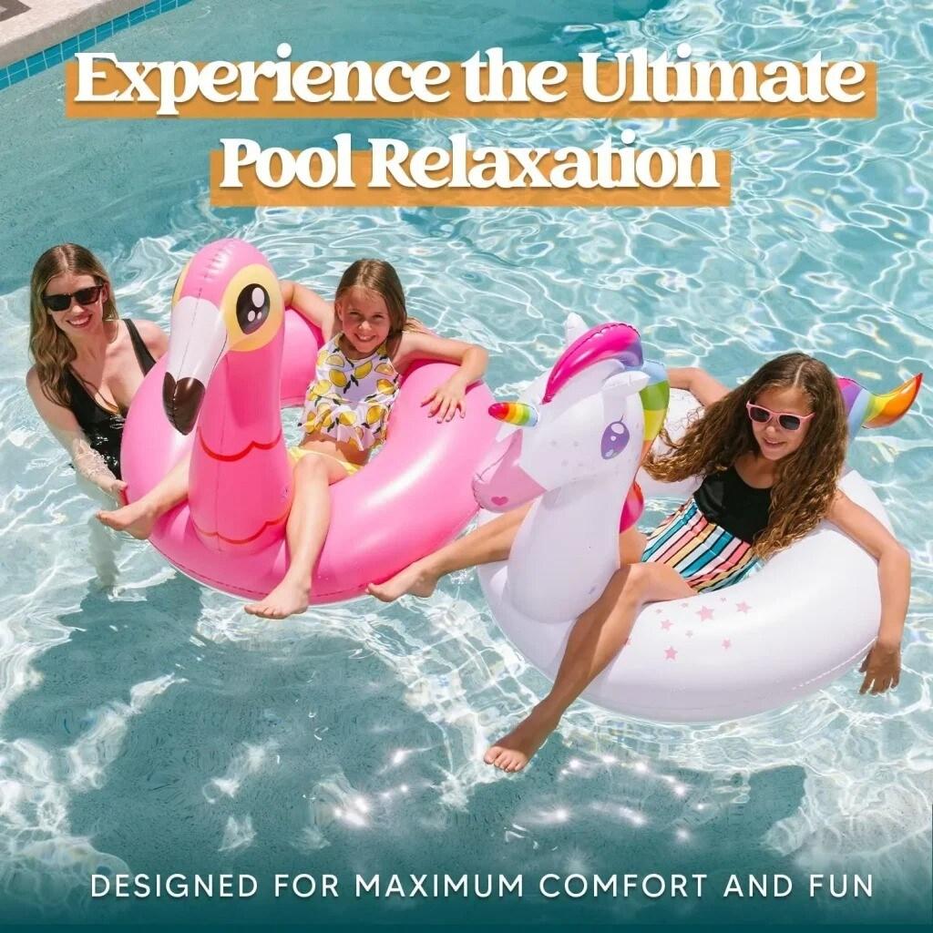 Joyfy 2 Packs Pool Floats Tube, Inflatable Unicorn Flamingo Pool Toys Floaties with Headrest, Pool Swim Ring for Kids Adults Beach Lake Summer Fun