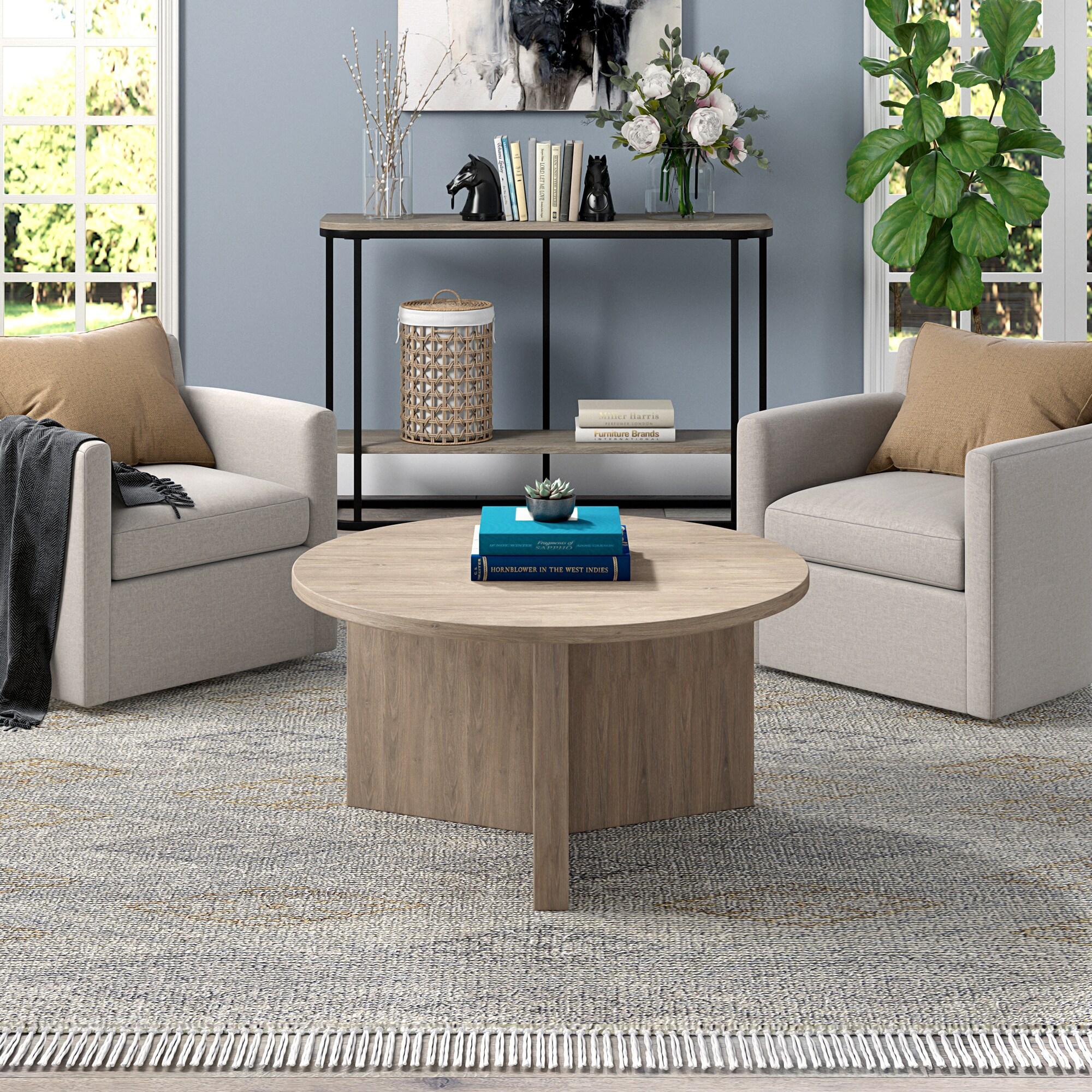 Evelyn&Zoe Anders Easy Assembly Round Medium Density Fiberboard Coffee Table, Antiqued Gray Oak