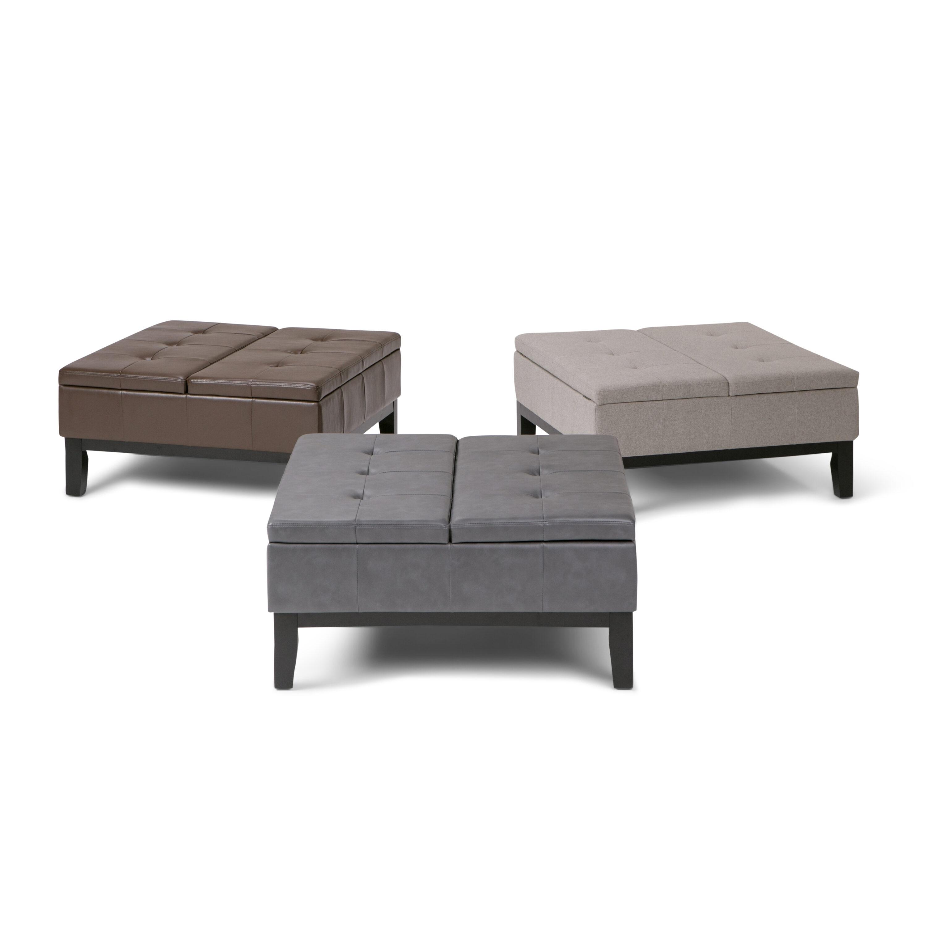 Simpli Home Dover 36"W Upholstered Square Coffee Table Storage Ottoman with Split Tufted Lift Top