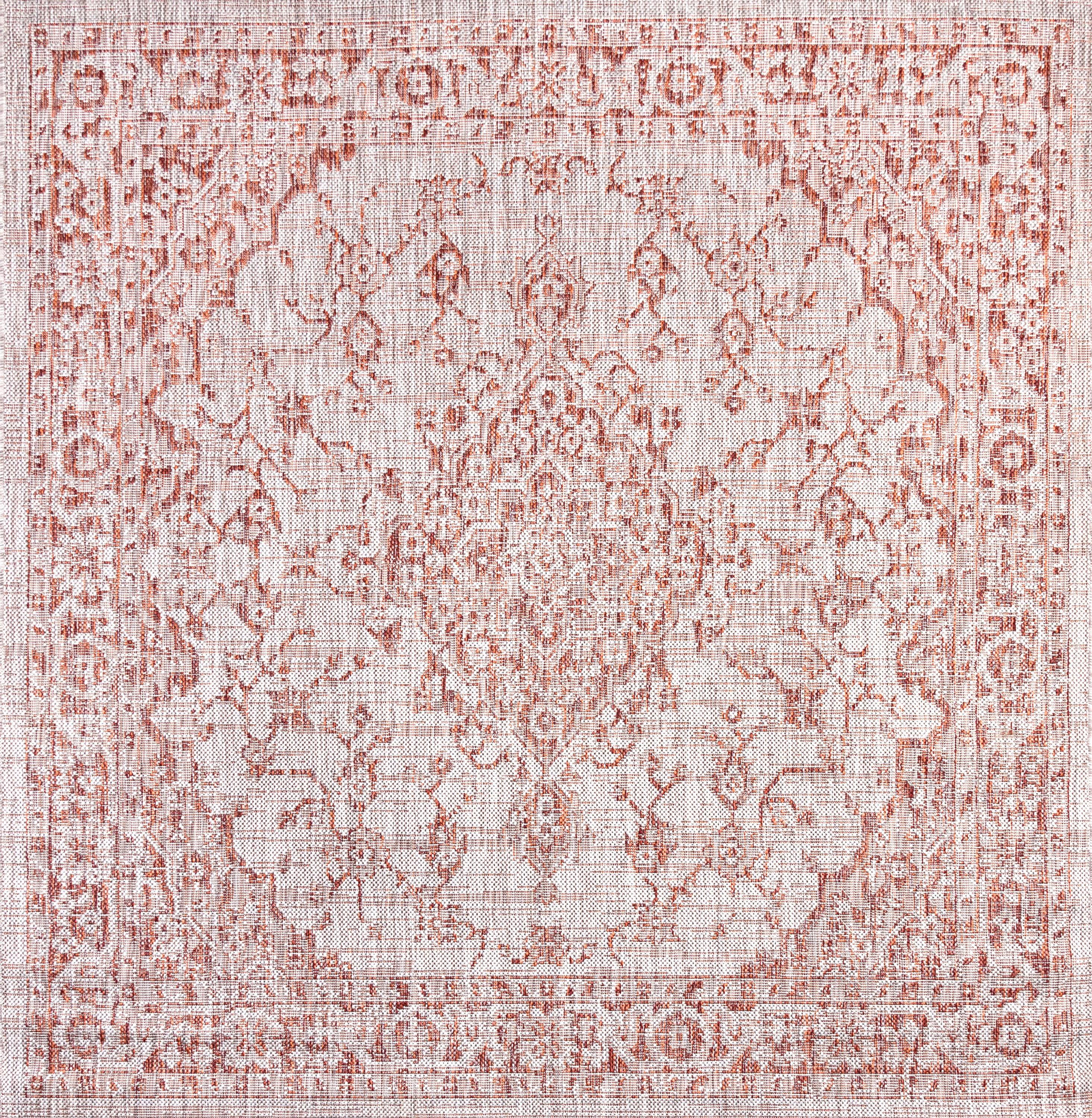 5' Square Rozetta Boho Medallion Textured Weave Indoor/Outdoor Area Rug, Red/Taupe - JONATHAN Y