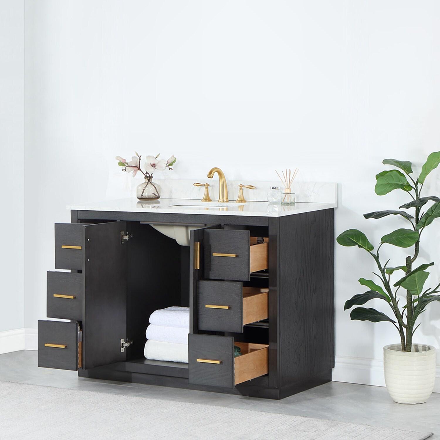 Gazsi 48" Single Bathroom Vanity Set in Brown Oak with Grain White Composite Stone Countertop without Mirror