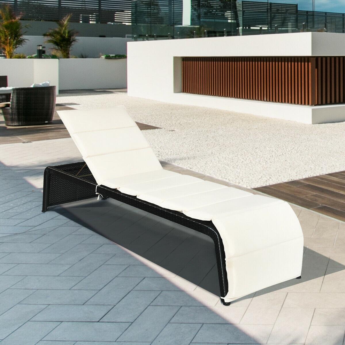 GVN Outdoor Chaise Lounge Rattan Patio Lounge Chair Back Adjustable Chaise Recliner, Outdoor Lounge Recliner Chair with Cushioned for Pool Backyard Beach White