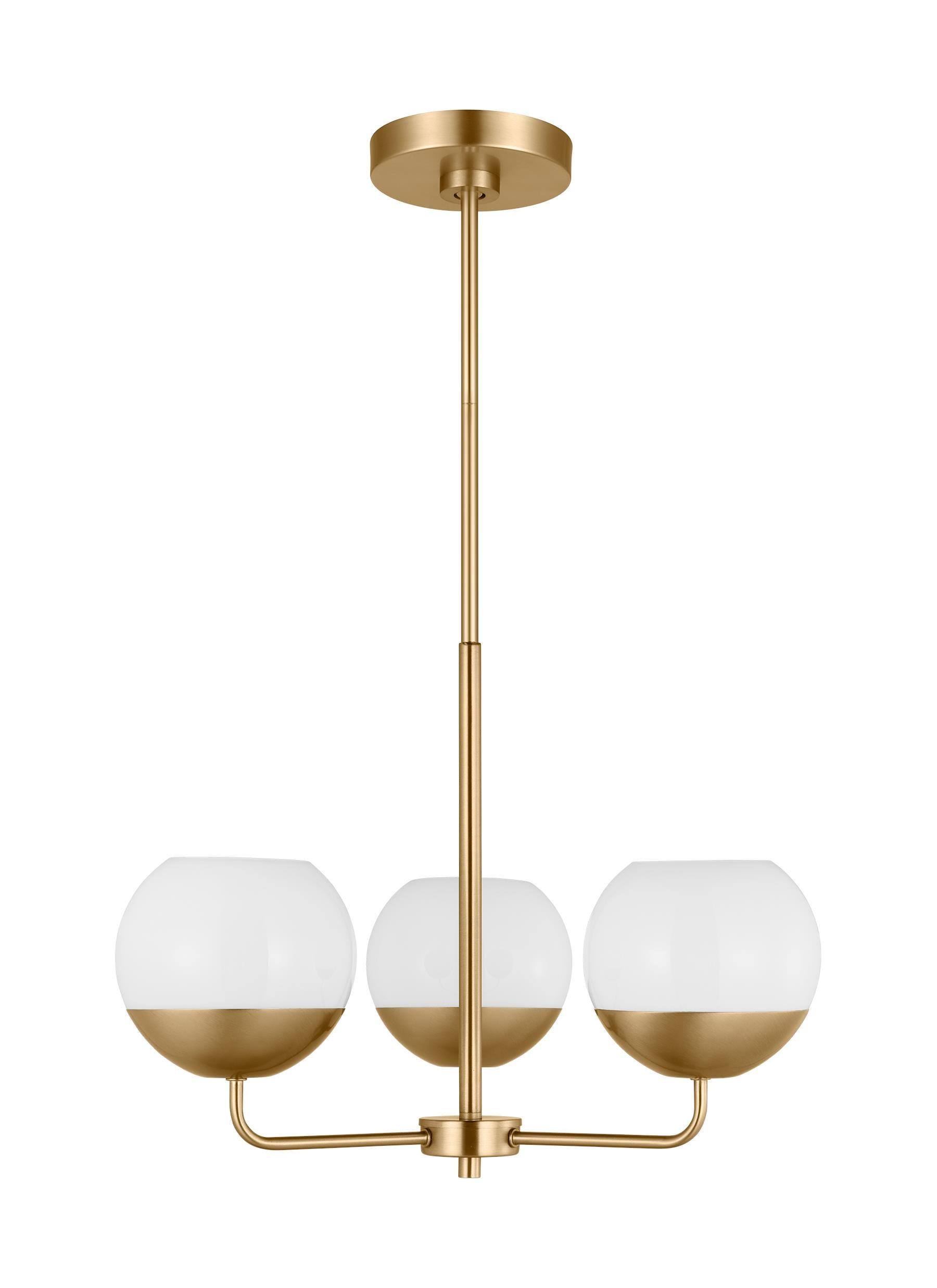 Alvin Satin Brass and Milk Glass 3-Light Chandelier