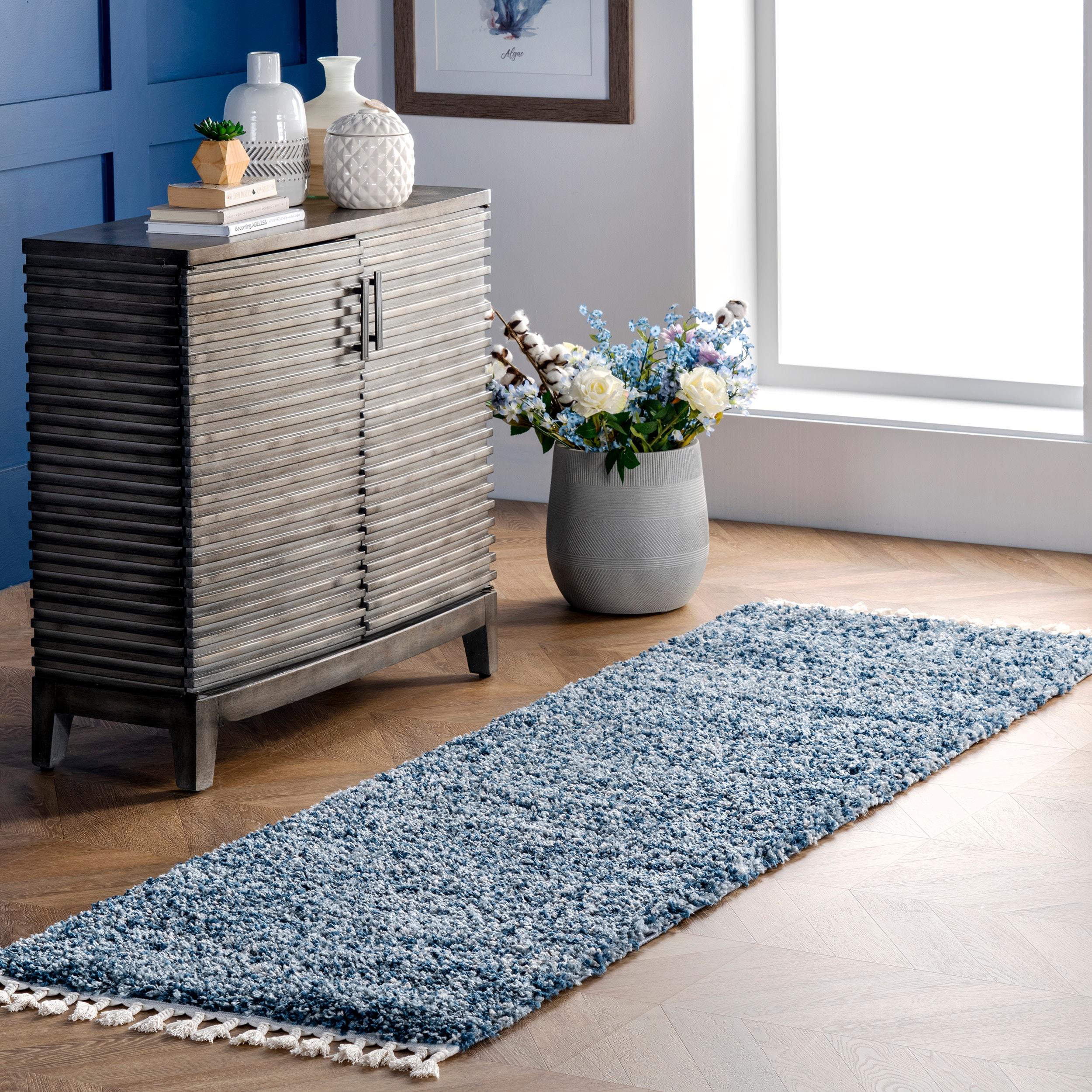 Nuloom Brooke Solid 2x8 Runner Shag Indoor Area Rug for Living Room Bedroom Dining Room Nursery Entryway Hallway, Blue/Ivory