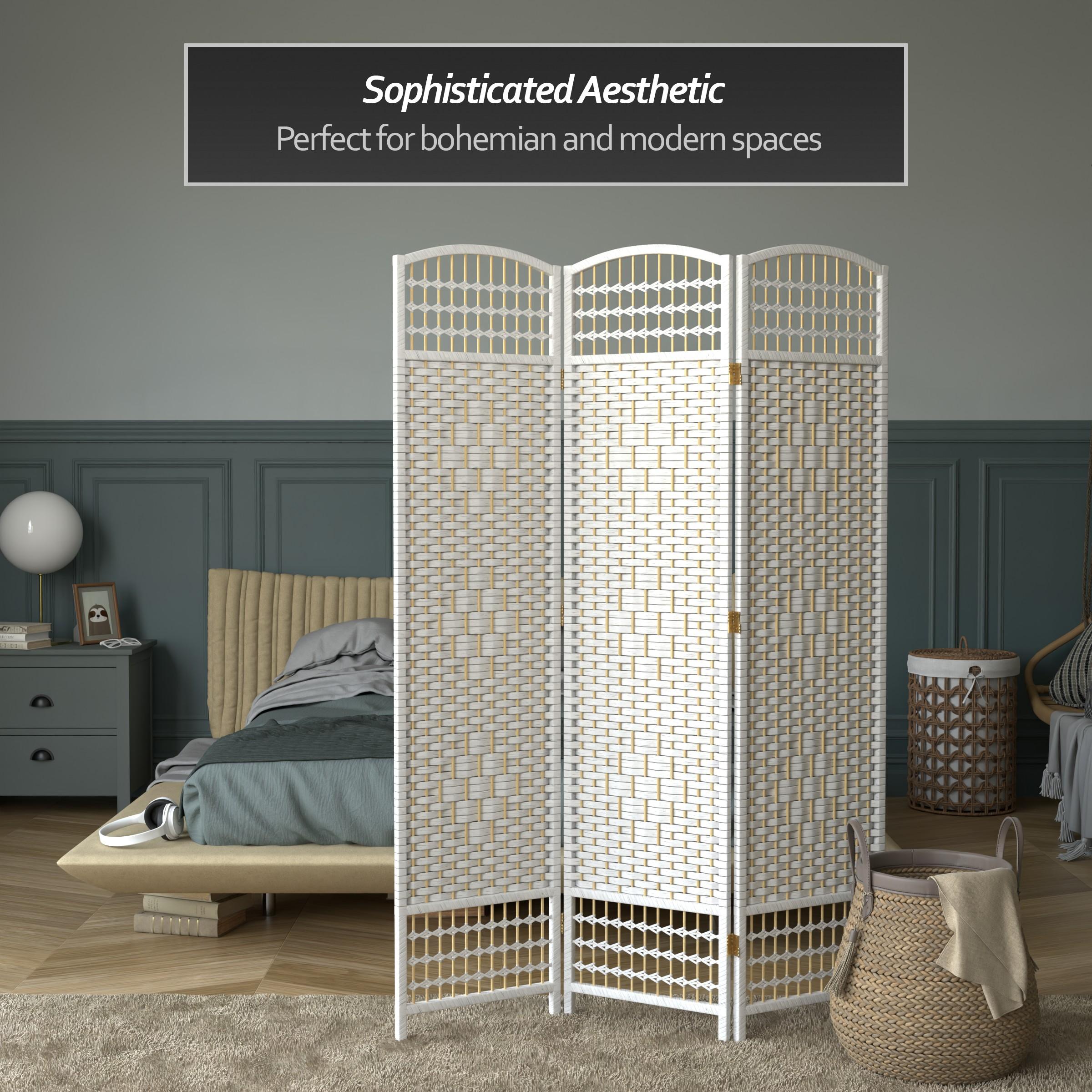 5 1/2 ft. Tall Fiber Weave Room Divider - White (3 Panels): Hardwood, Metal Hinges, Indoor Use, No Assembly Required