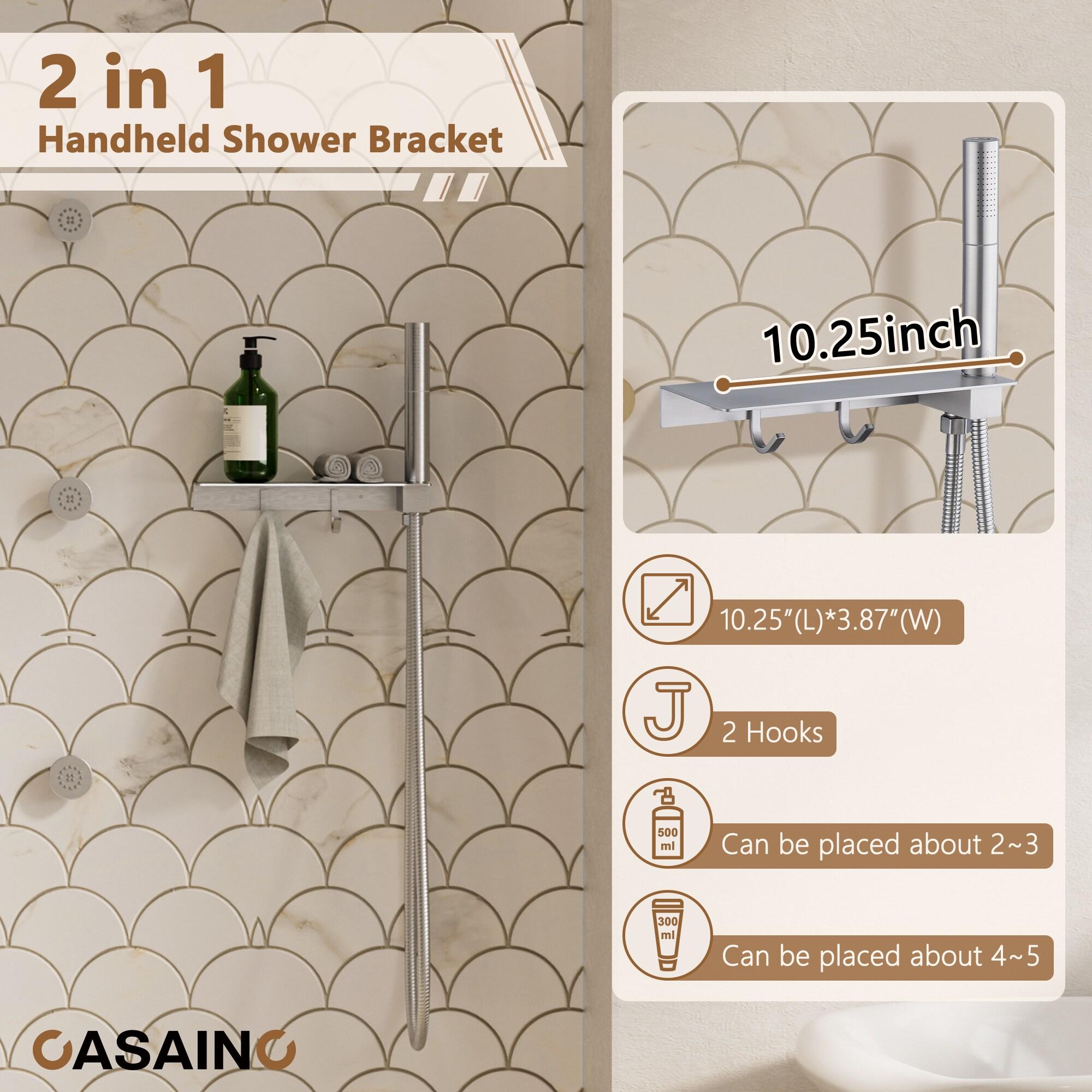 Rainfall Thermostatic Shower System with Body Jets, 2-Sprays Shower Head and a Shelf