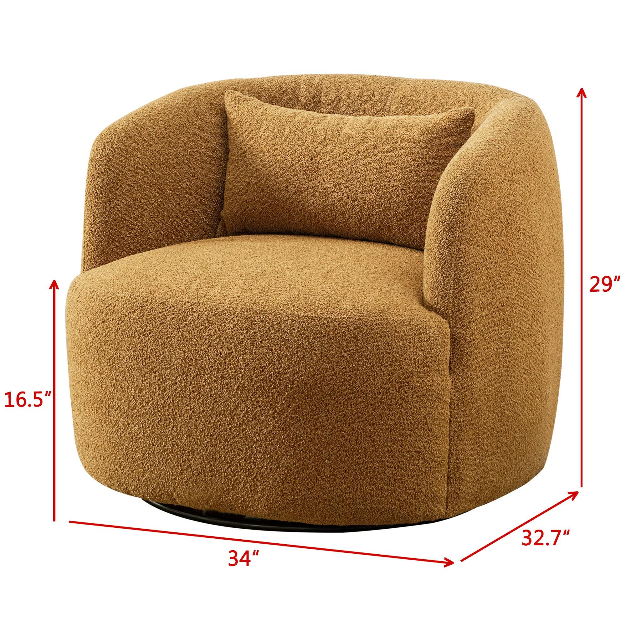 34" Wide Boucle Swivel Barrel Chair, No Assembly Round Upholstered Armchair Accent Chair Single Sofa Chair with Toss Pillow for Living Room and Bedroom, Brown
