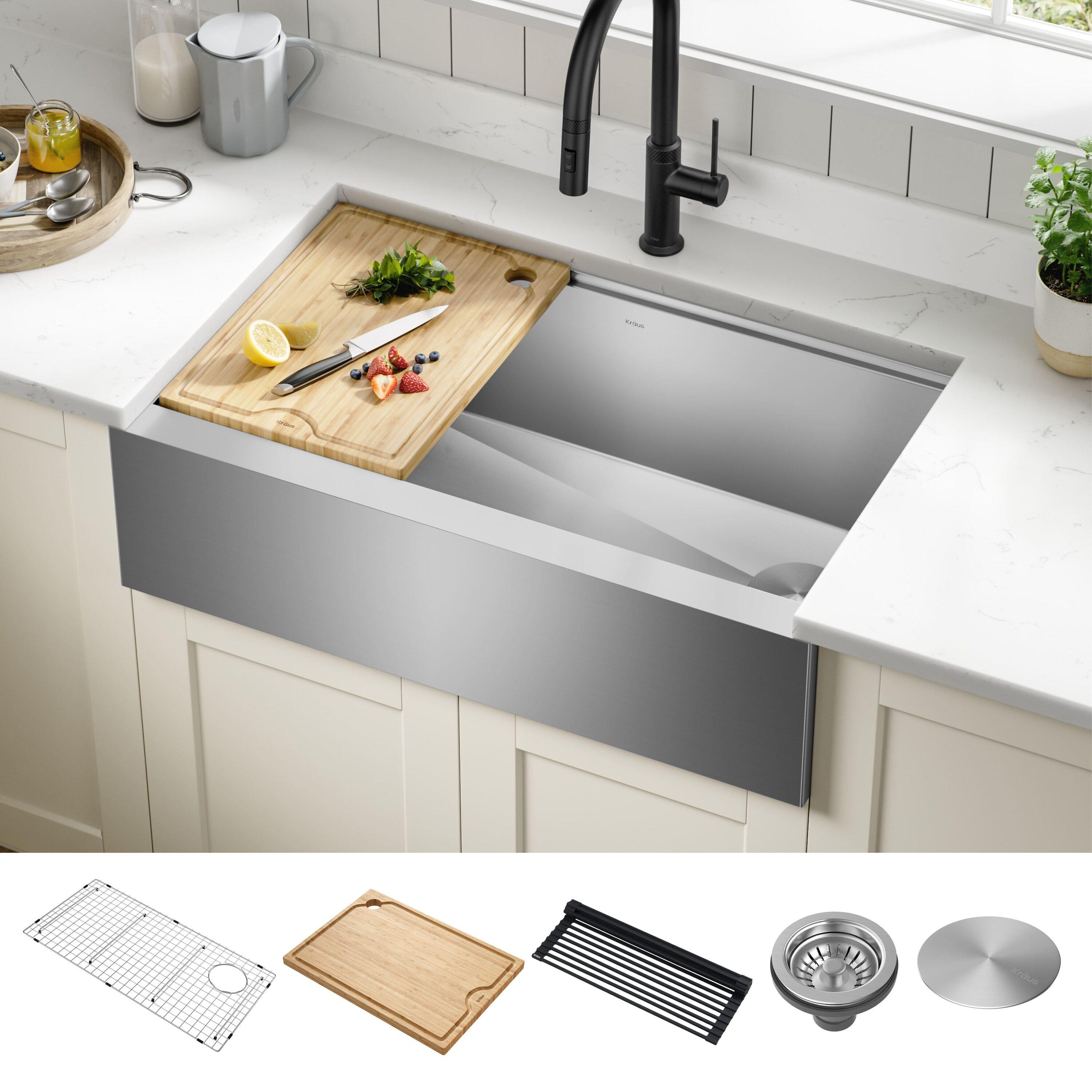 KRAUS® Kore Modern Farmhouse Workstation 16 Gauge Single Bowl Stainless Steel Kitchen Sink with Accessories