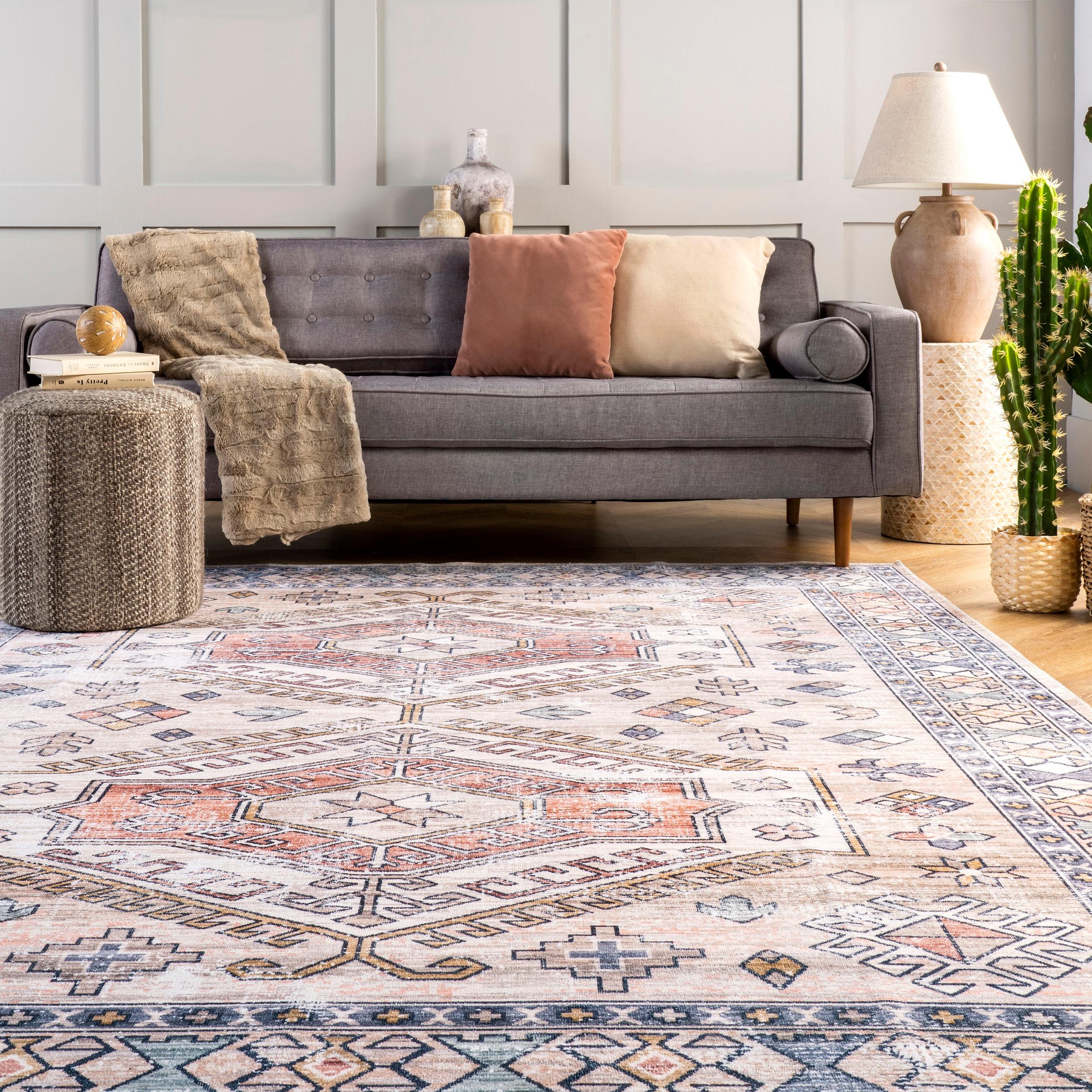 nuLOOM Mae Tribal Motif Machine Washable Peach 6' Modern Round Rug