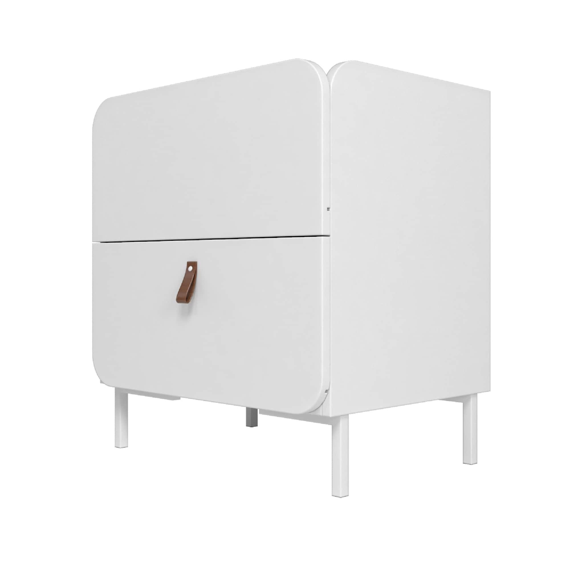 Manhattan Comfort Set of 2 Bogardus Mid Century Modern Nightstands White: Rounded Drawer, Leather Pull, Particle Board